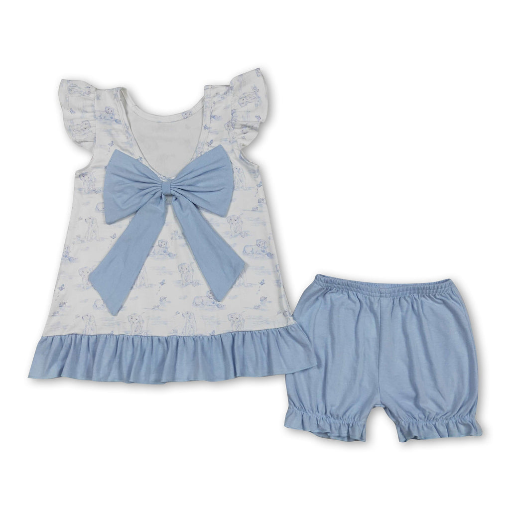 Flutter Sleeves Light Blue Dog Ruffle Bow Top Shorts Girls Outfits