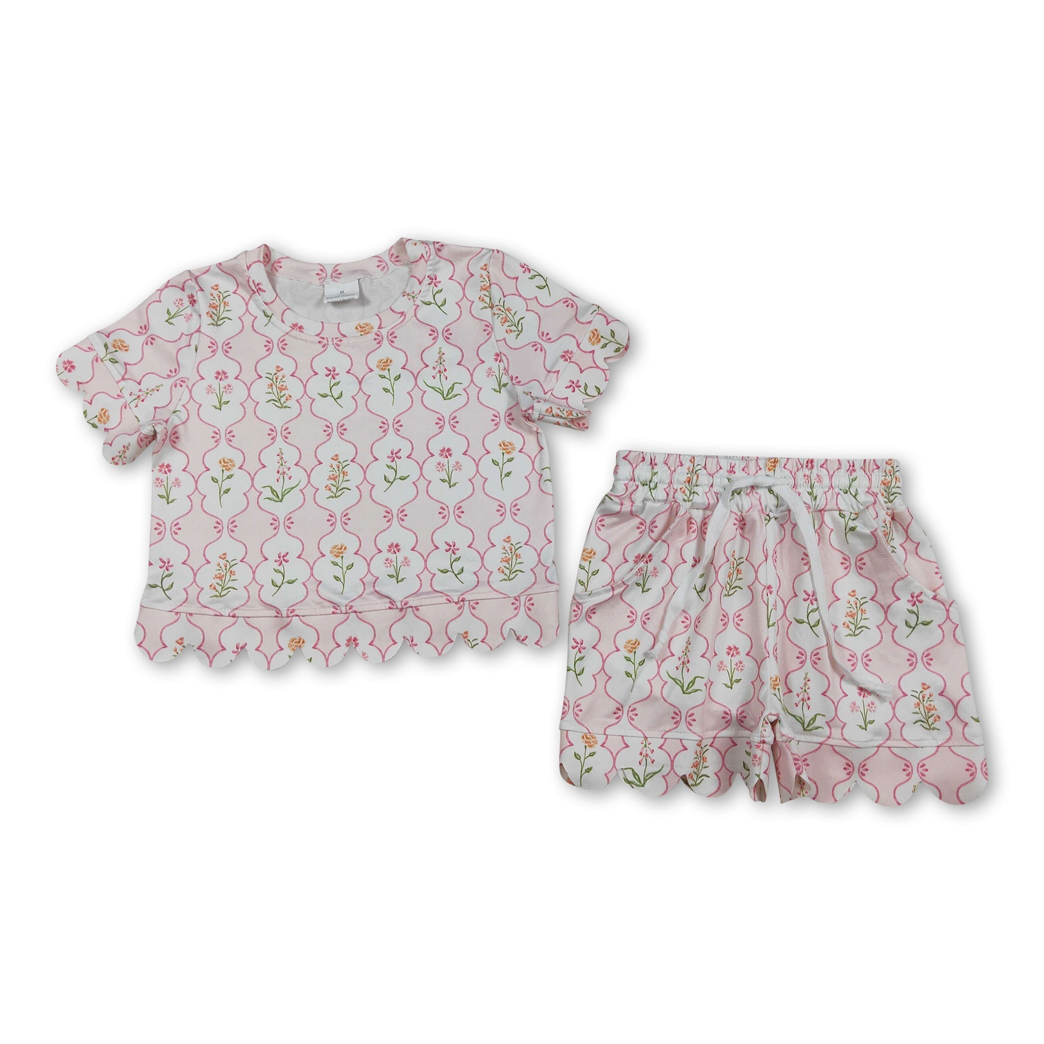 Short Sleeves Pink Floral Scallop Kids Girls Summer Outfits