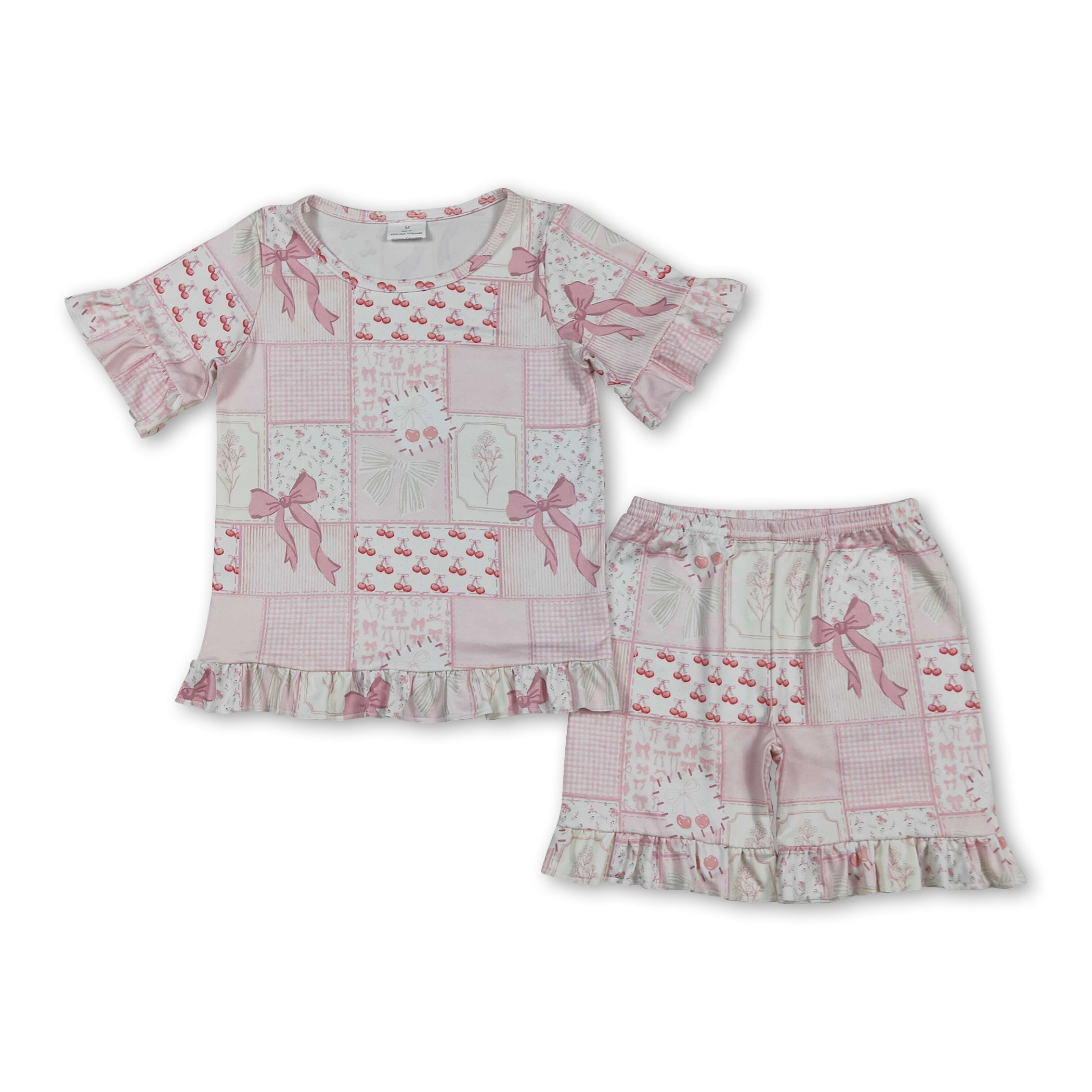 Short Sleeves Bow Cherry Top Shorts Girls Outfits