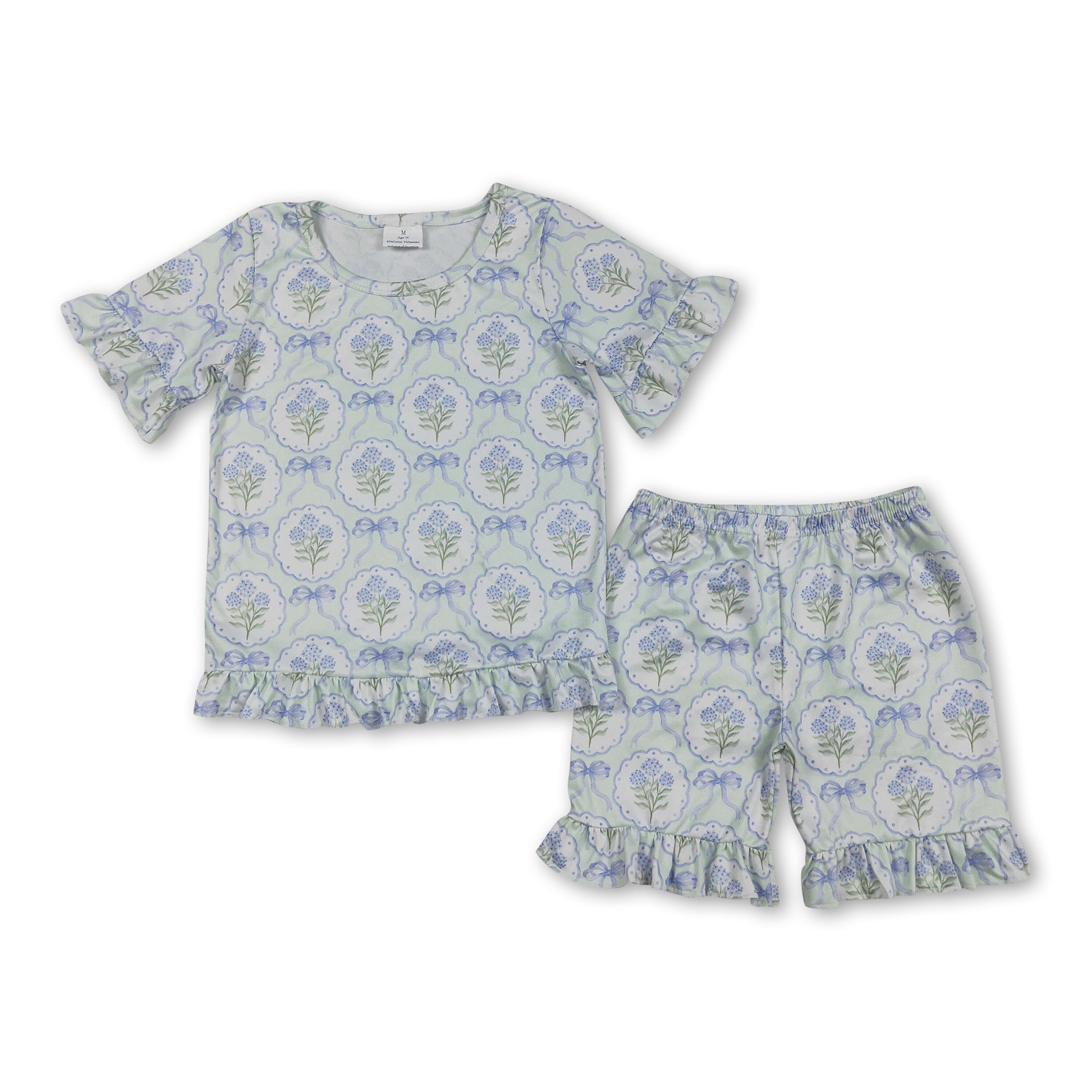 Short Sleeves Floral Bow Ruffle Top Shorts Girls Outfits