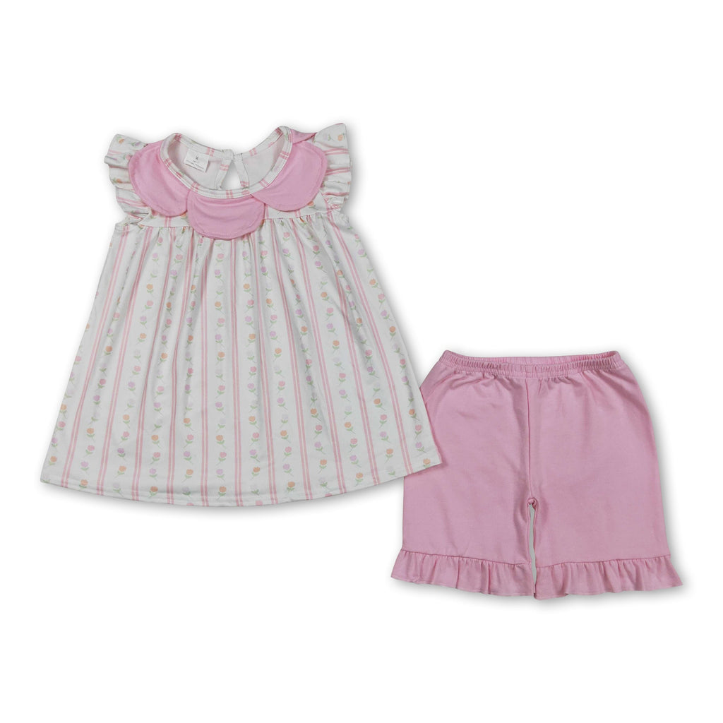 Flutter Sleeves Floral Tunic Pink Ruffle Shorts Girls Outfits