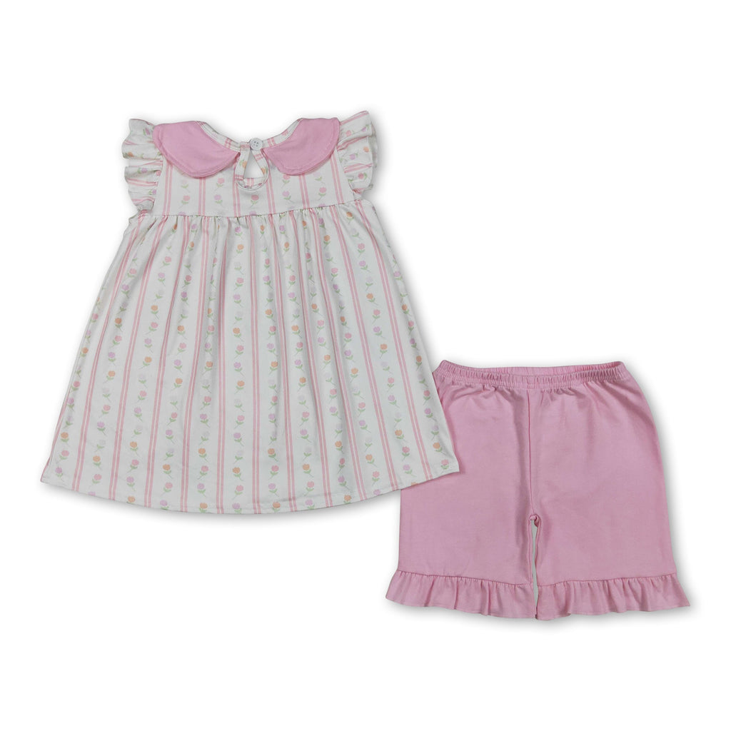 Flutter Sleeves Floral Tunic Pink Ruffle Shorts Girls Outfits
