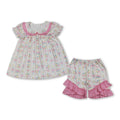 Short Sleeves Balloon Floral Bow Girls Happy Birthday Outfits
