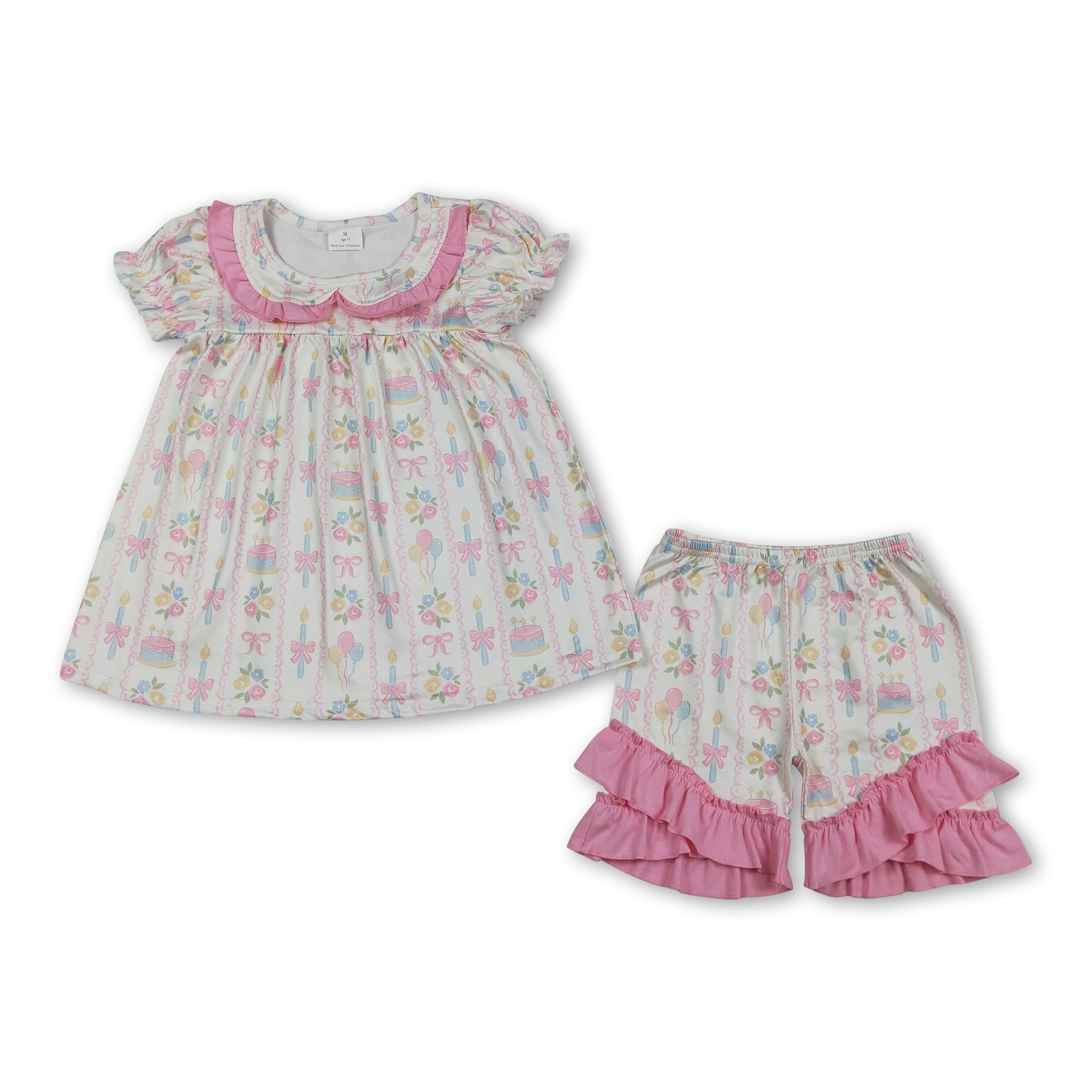 Short Sleeves Balloon Floral Bow Girls Happy Birthday Outfits