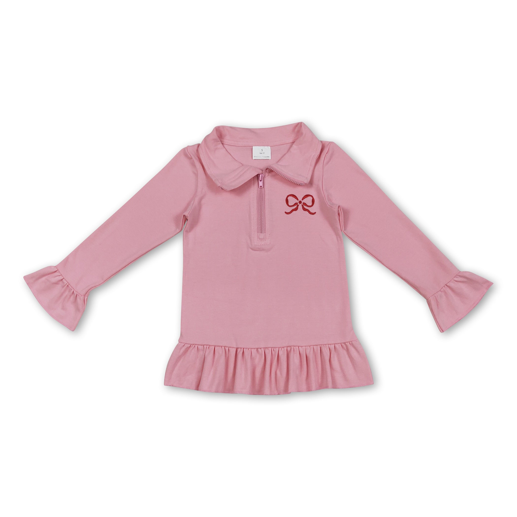 Pink Bow Embroidery Kids Girls Ruffle Zipper Pullover