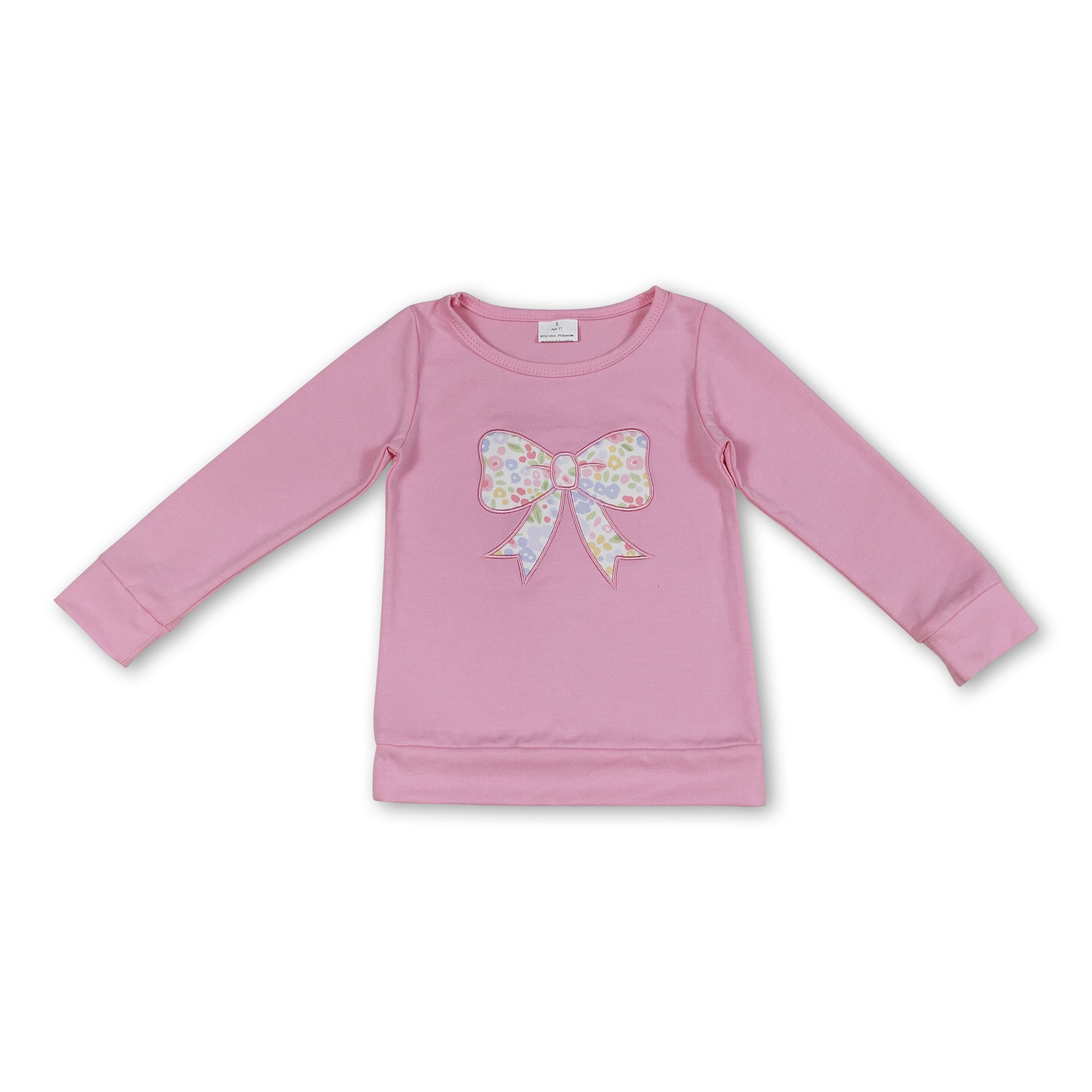 Pink Long Sleeves Floral Bow Embroidery Girls Shirt