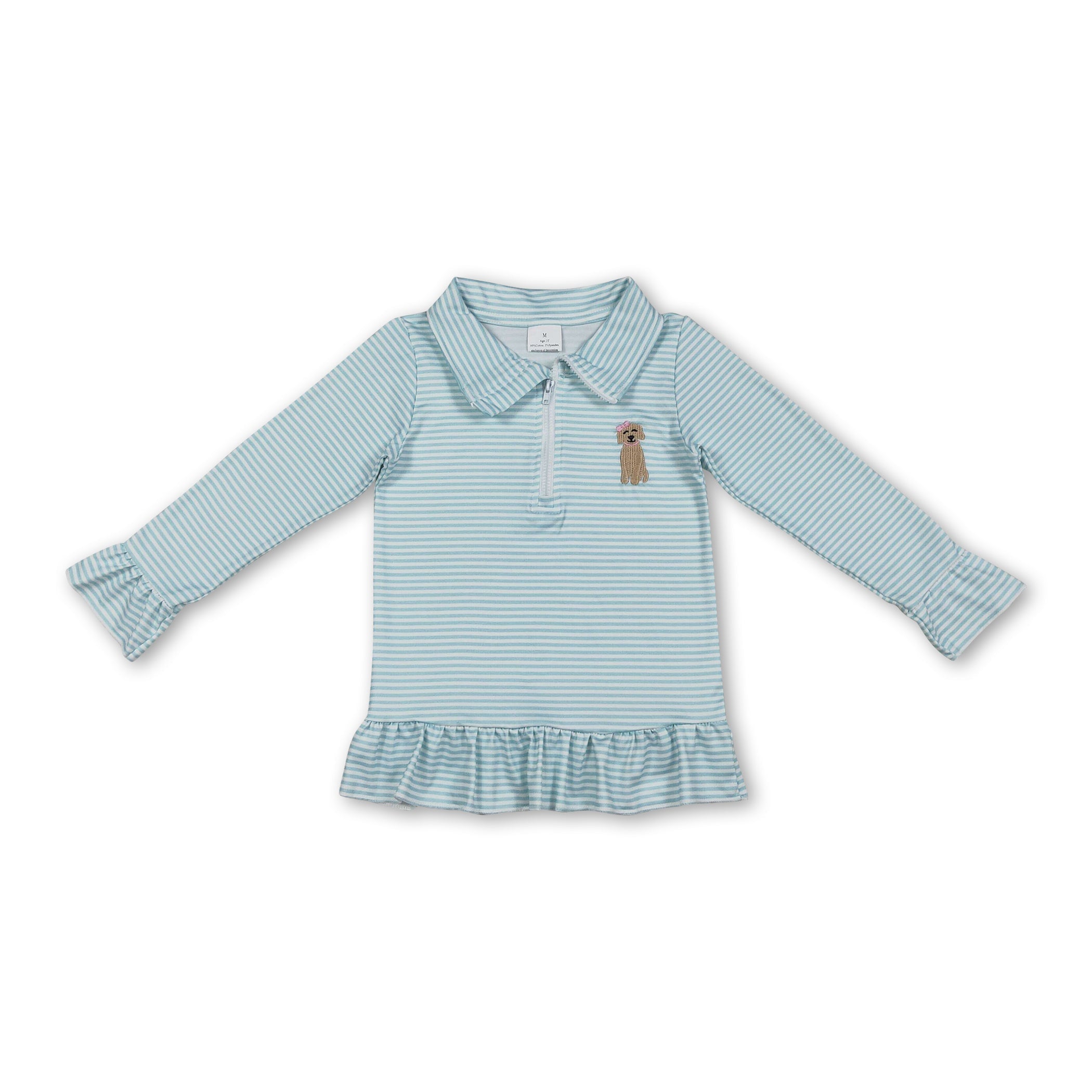 Long Sleeves Stripe Dog Embroidery Ruffle Girls Zipper Pullover