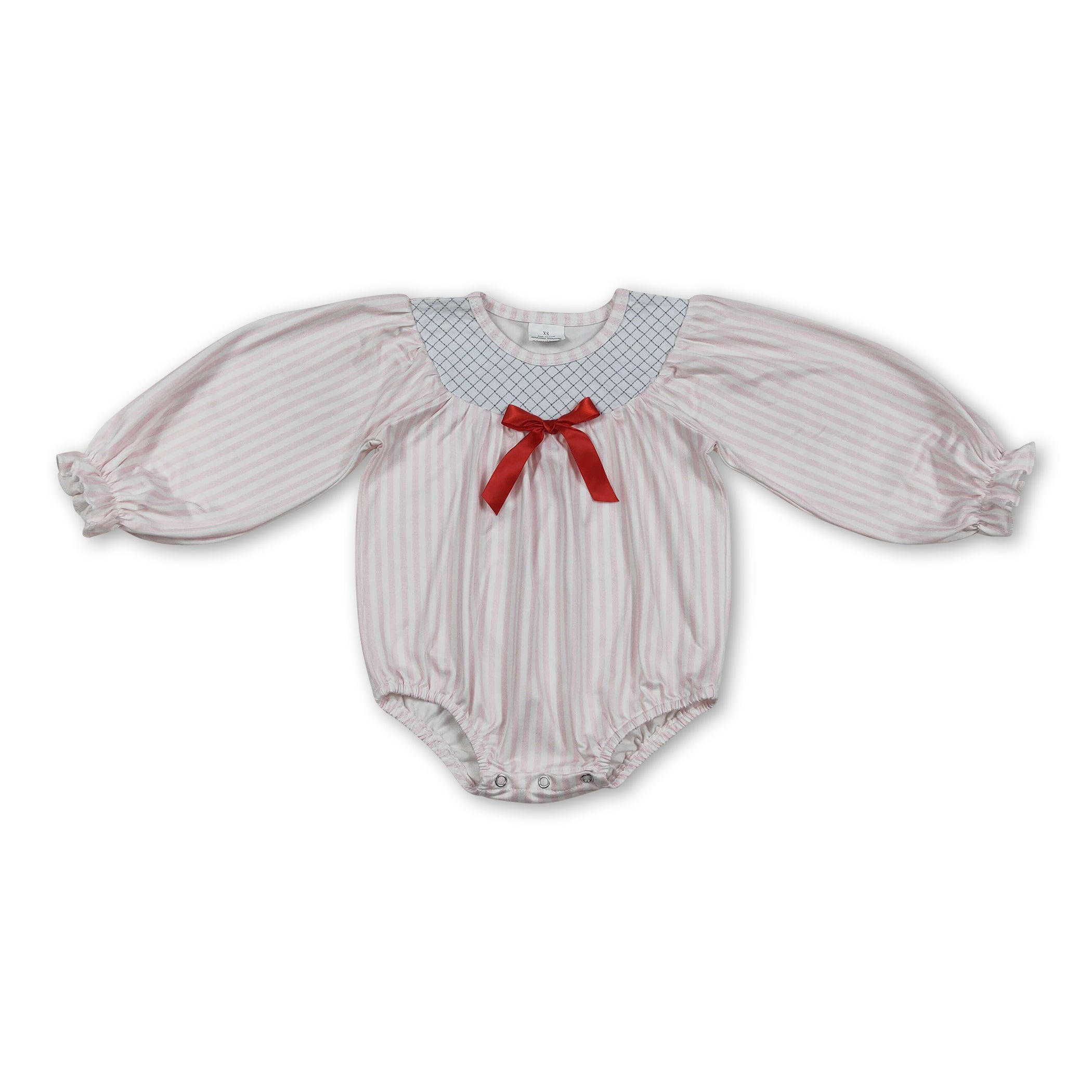 Long Sleeves Stripe Red Bow Baby Girls Romper