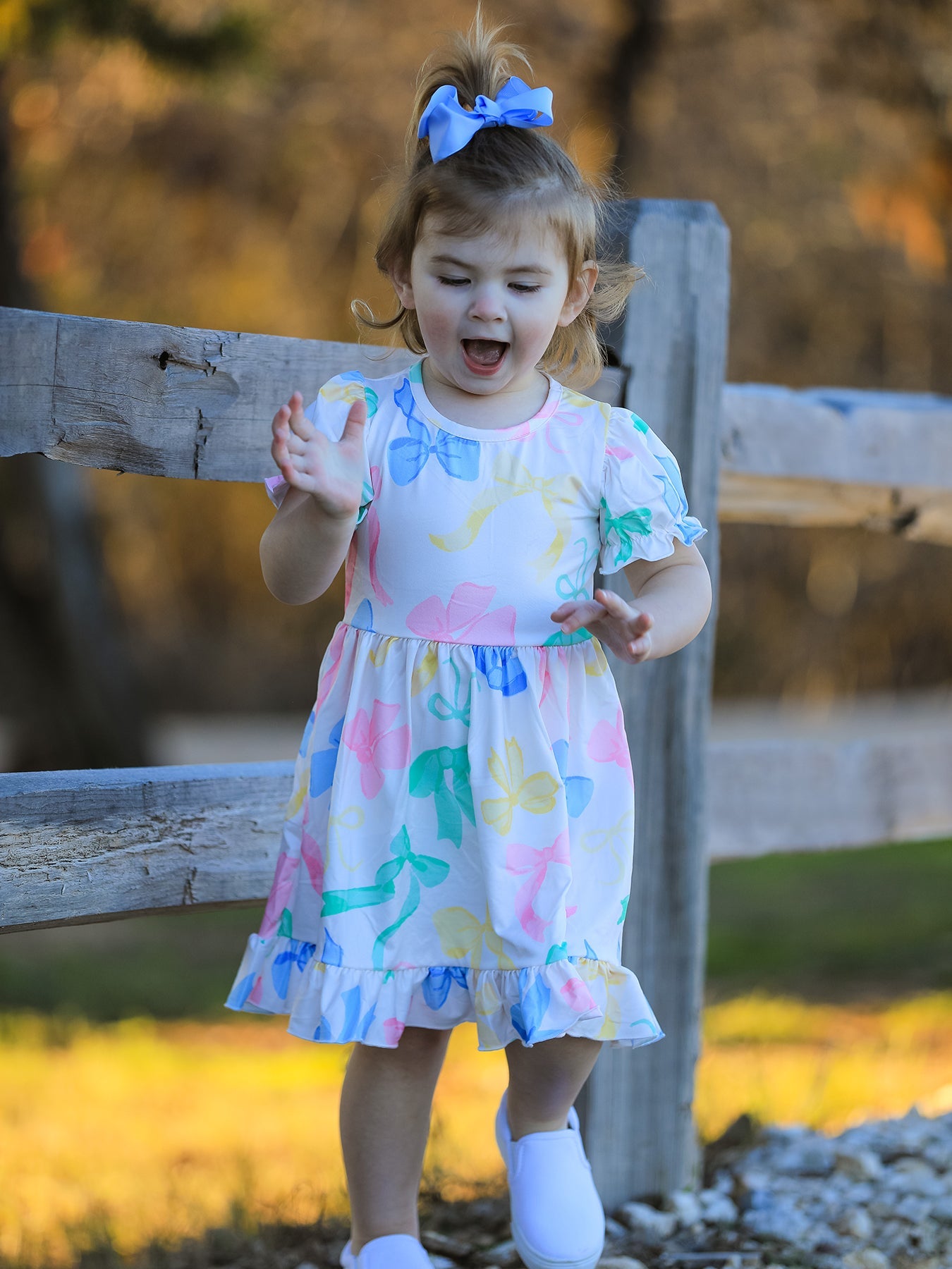 Colorful Bow Print Puff Sleeves Girls Dress