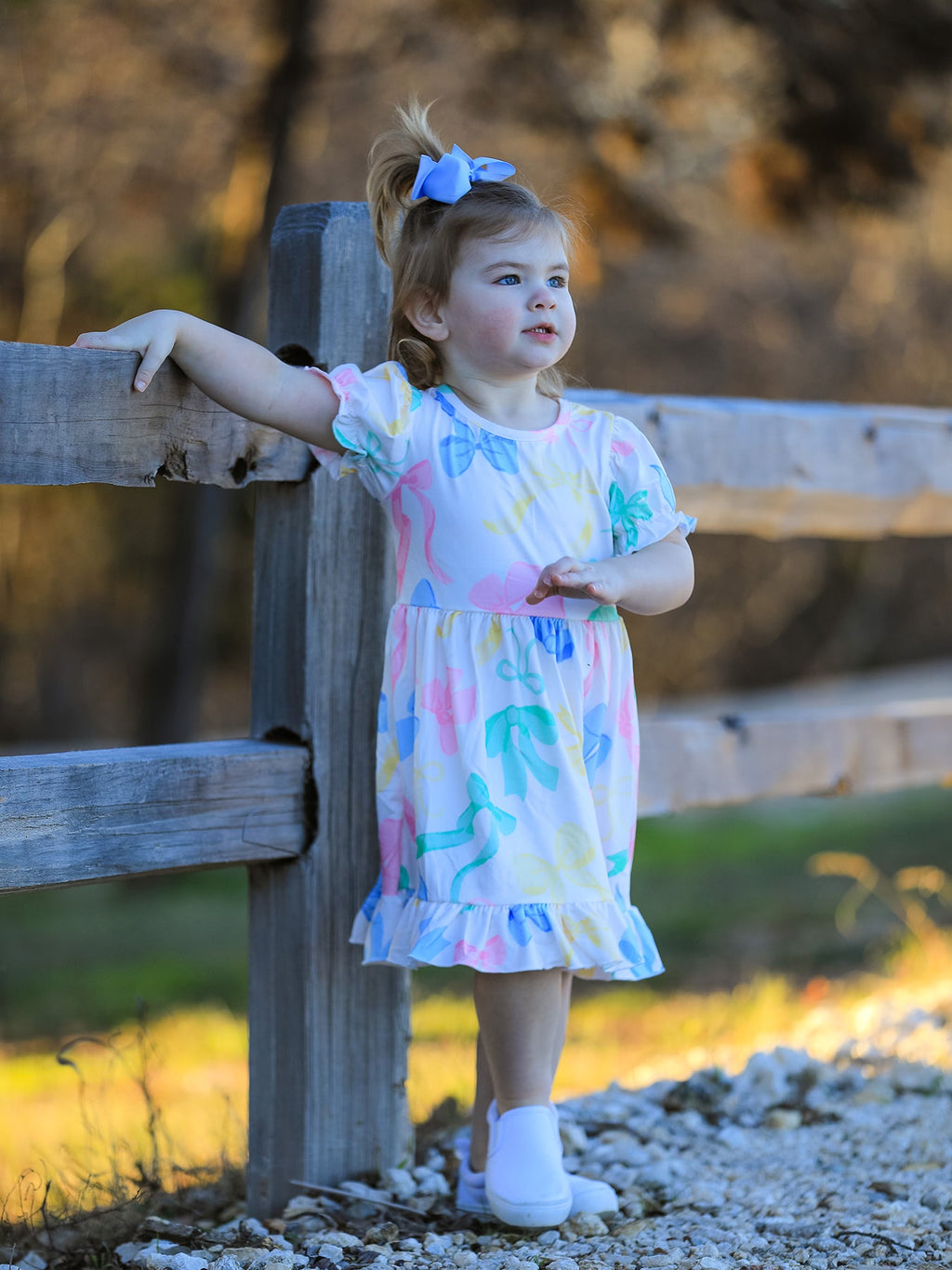 Colorful Bow Print Puff Sleeves Girls Dress
