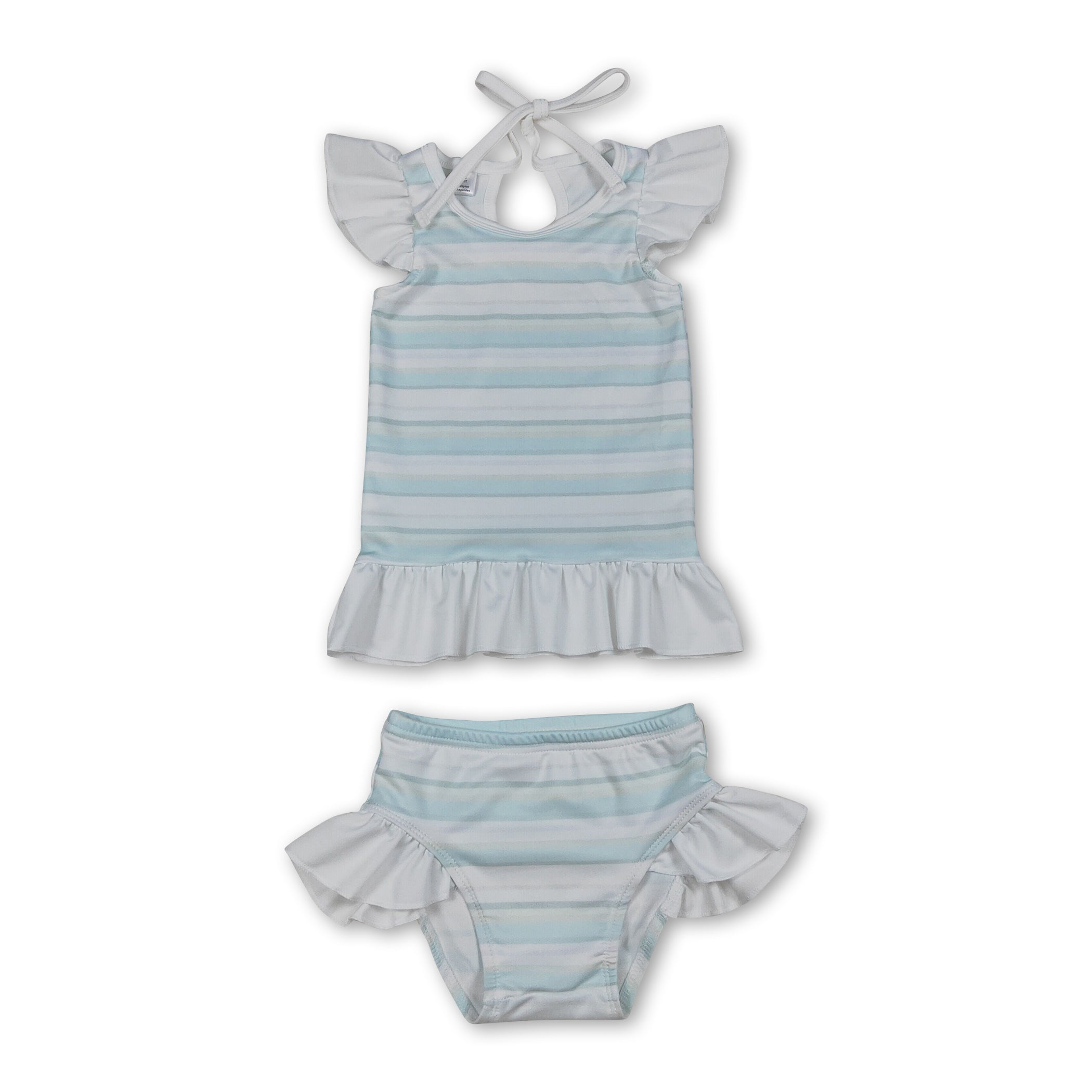 Flutter Sleeves Stripe Girls Two Pieces Summer Swimsuit