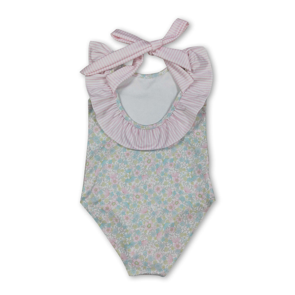 Sleeveless Pink Stripe Ruffle Floral Girls One Piece Swimsuit