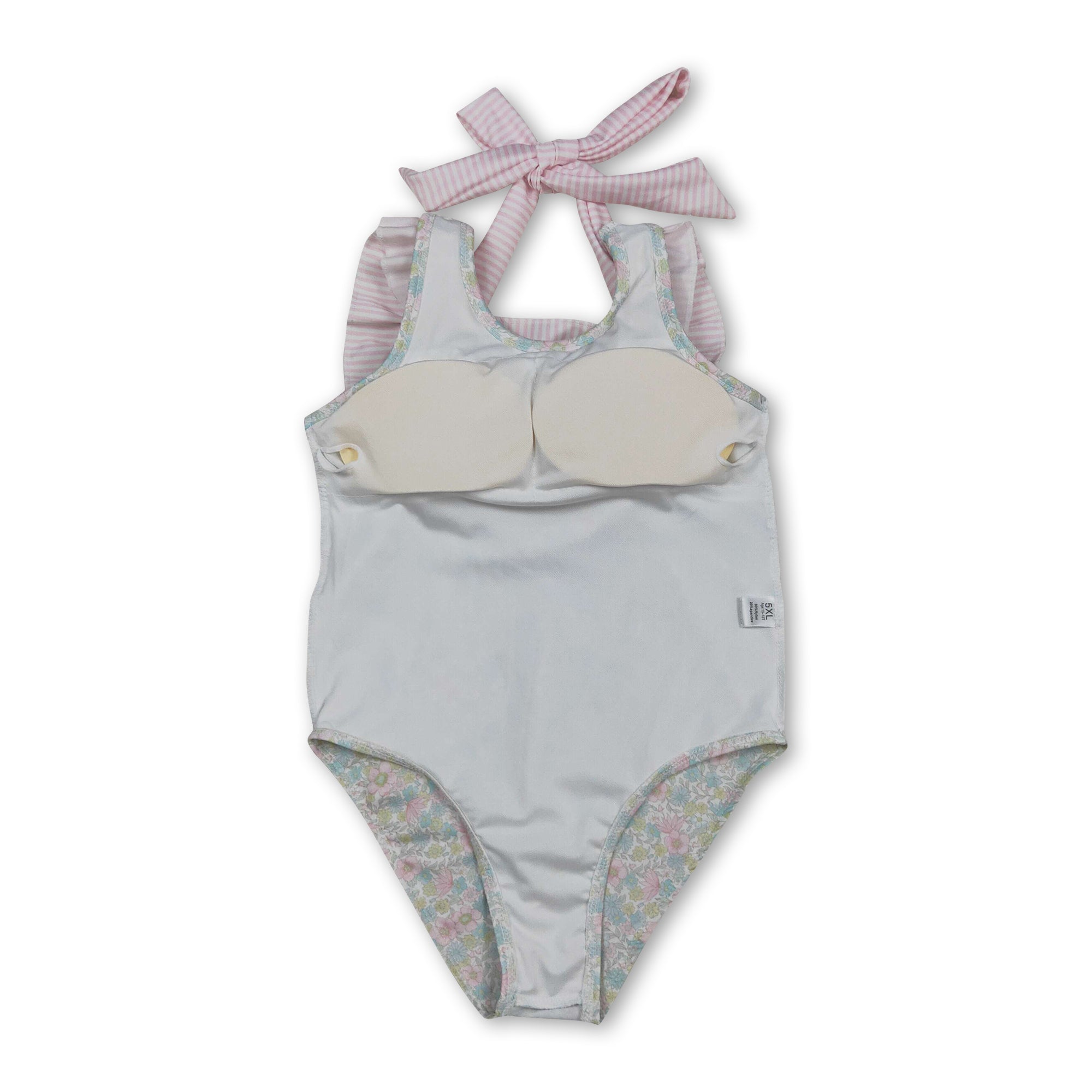 Sleeveless Pink Stripe Ruffle Floral Girls One Piece Swimsuit