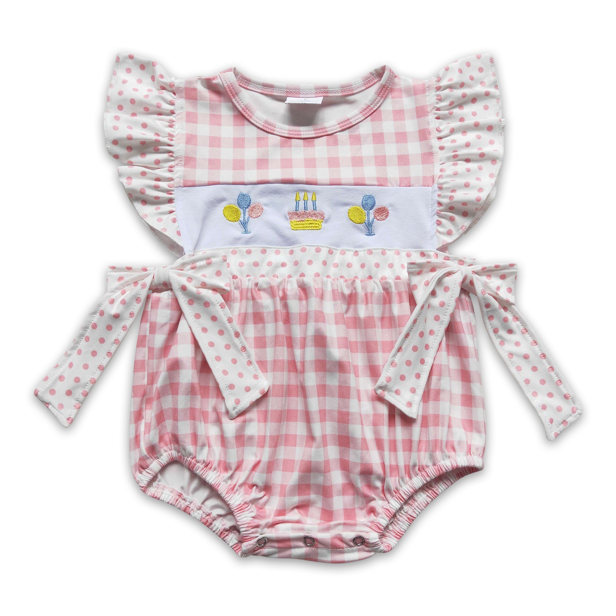 Balloon Cake Embroidery Plaid Baby Girls Happy Birthday Romper