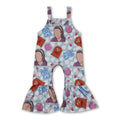 Short Sleeves Pencil Blue Overalls Print Kids Jumpsuit