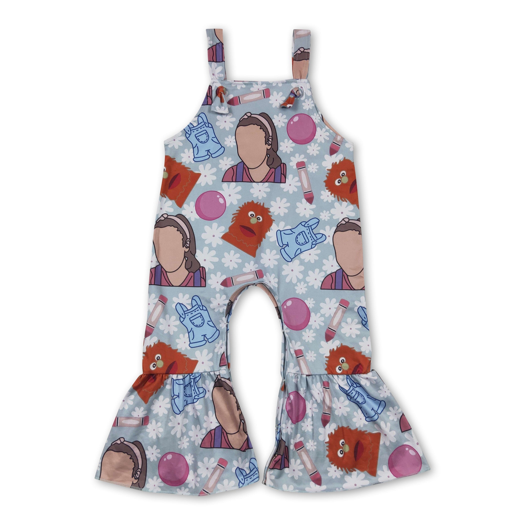 Short Sleeves Pencil Blue Overalls Print Kids Jumpsuit