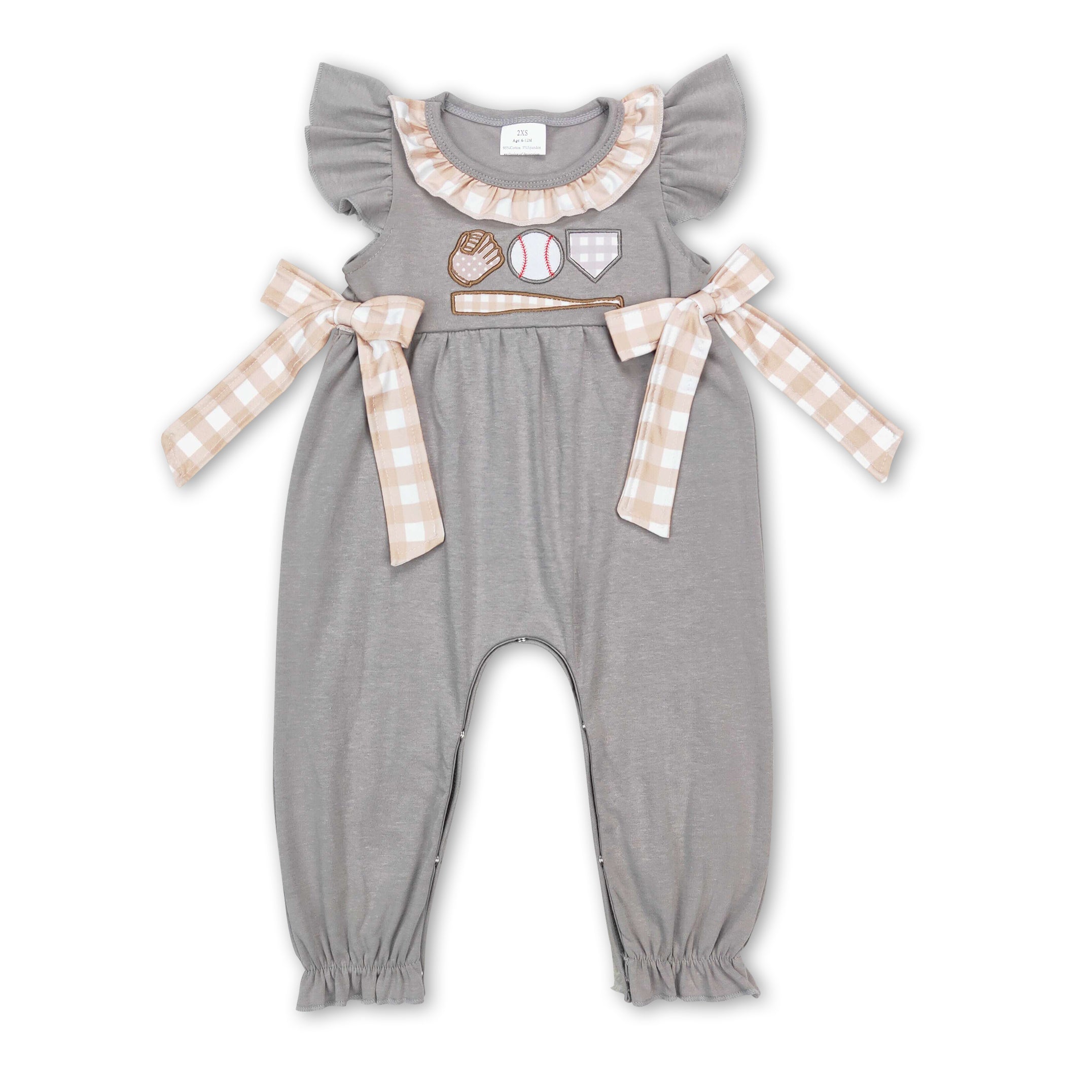 Grey Flutter Sleeves Baseball  Girls Romper