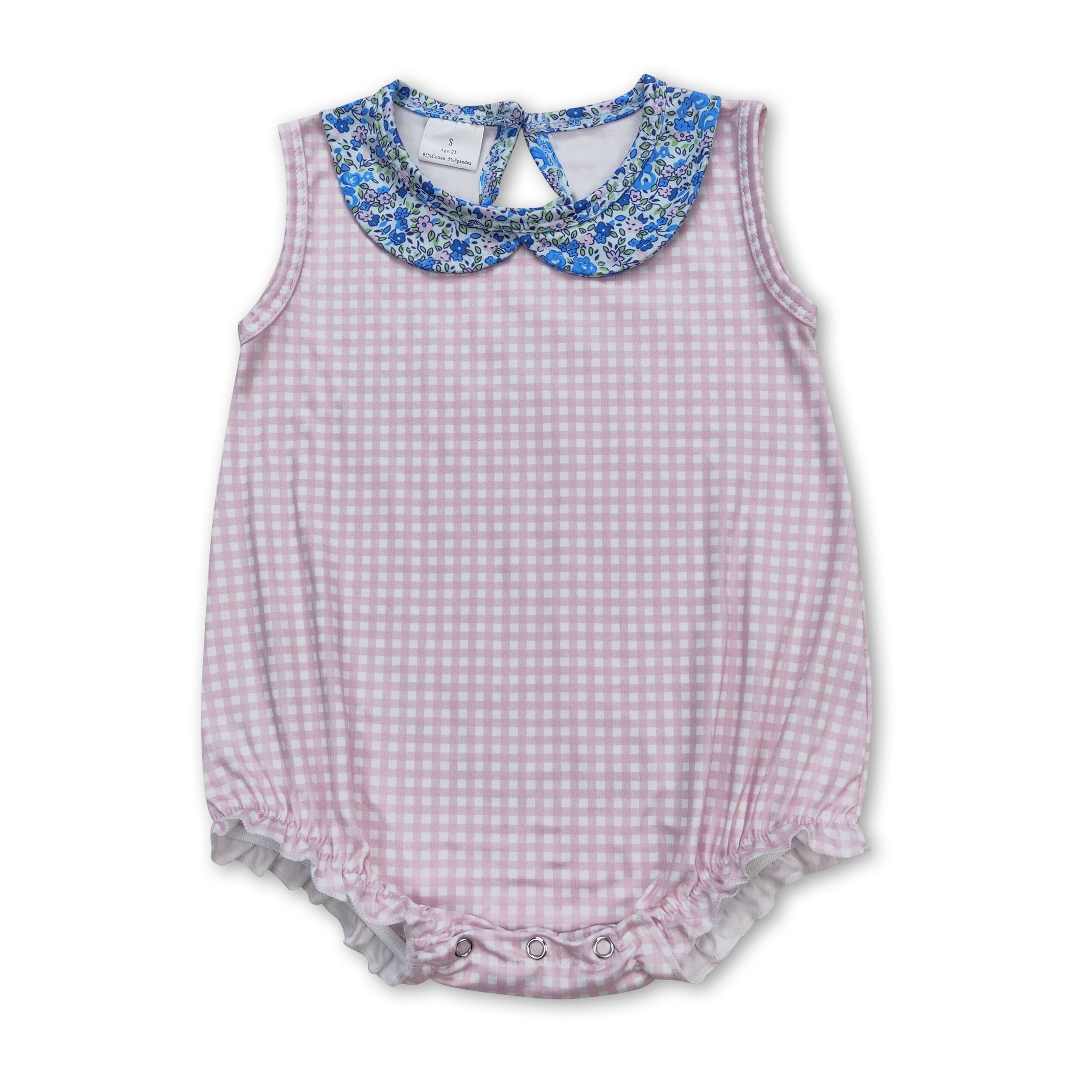 Sleeveless Pink Plaid Baby Girls Floral Summer Romper