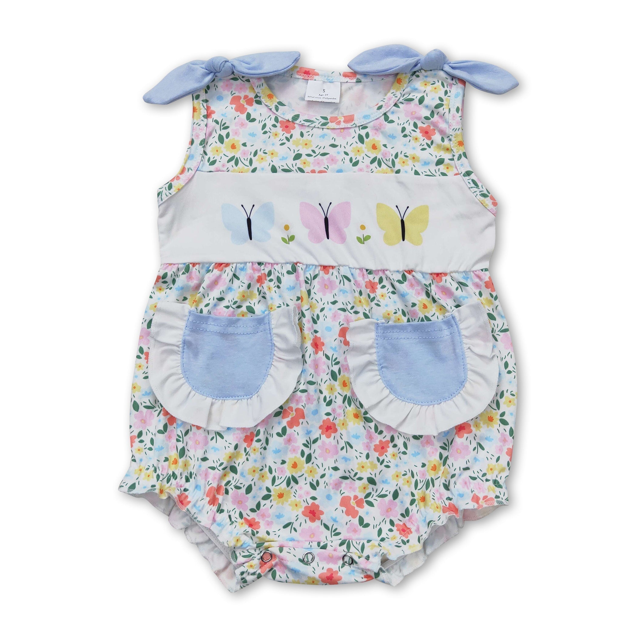 Sleeveless Butterfly Floral Pockets Baby Girls Romper