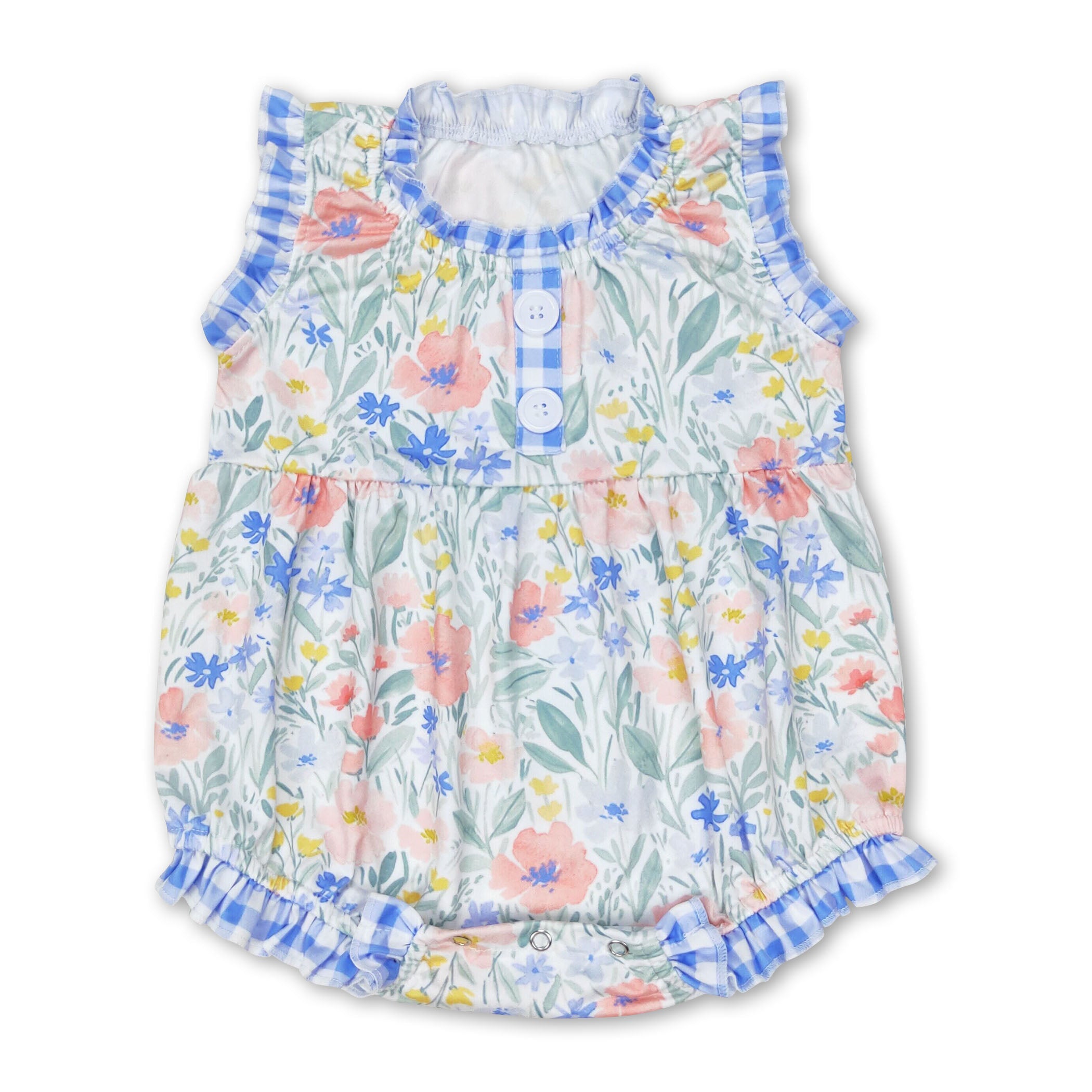 Sleeveless Blue Plaid Floral Baby Girl Romper