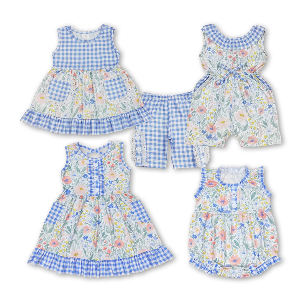 Sleeveless Blue Plaid Floral Baby Girl Romper