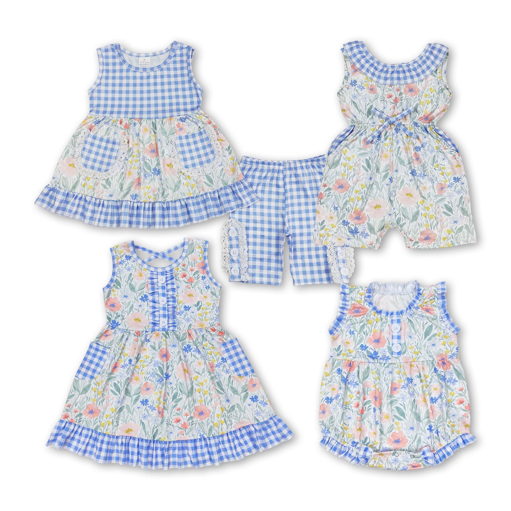 Sleeveless Blue Plaid Floral Baby Girl Romper