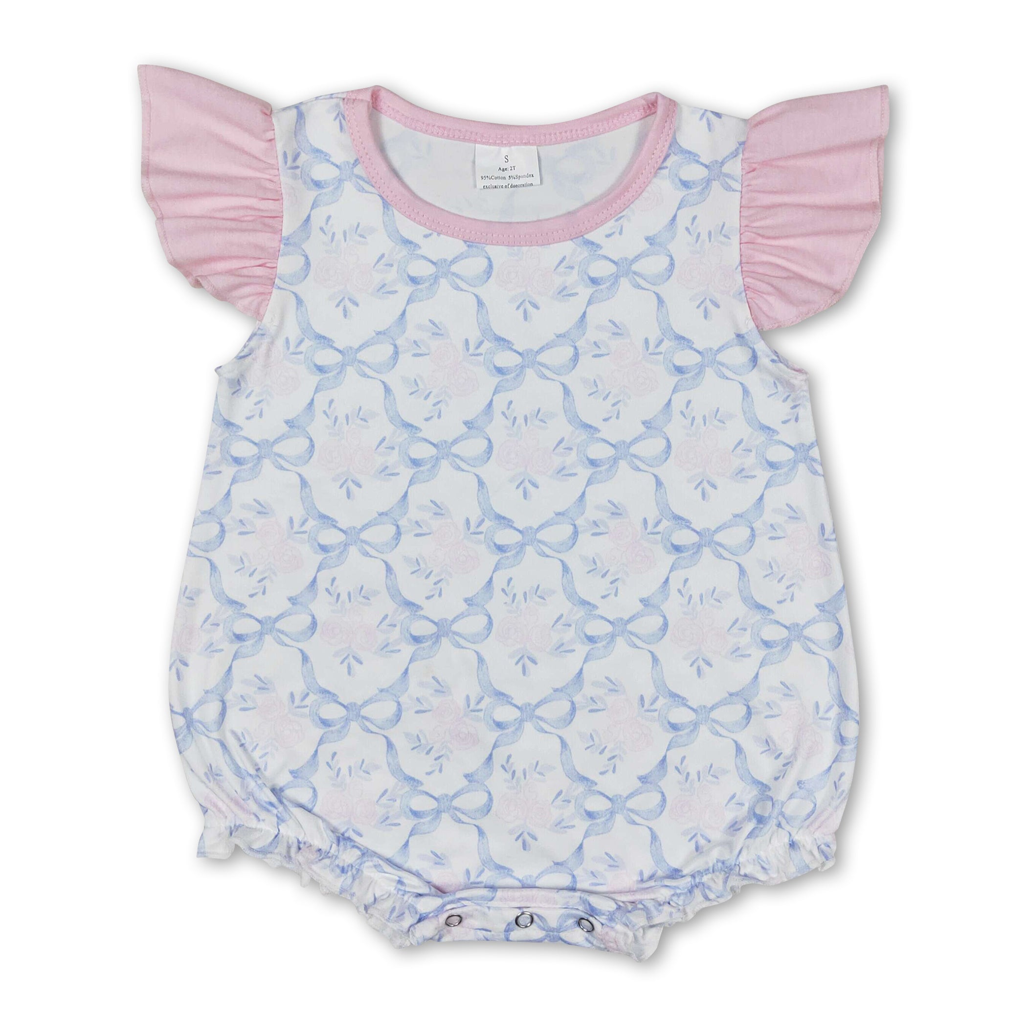 Flutter Sleeves Pink Floral Bow Print Baby Girls Romper