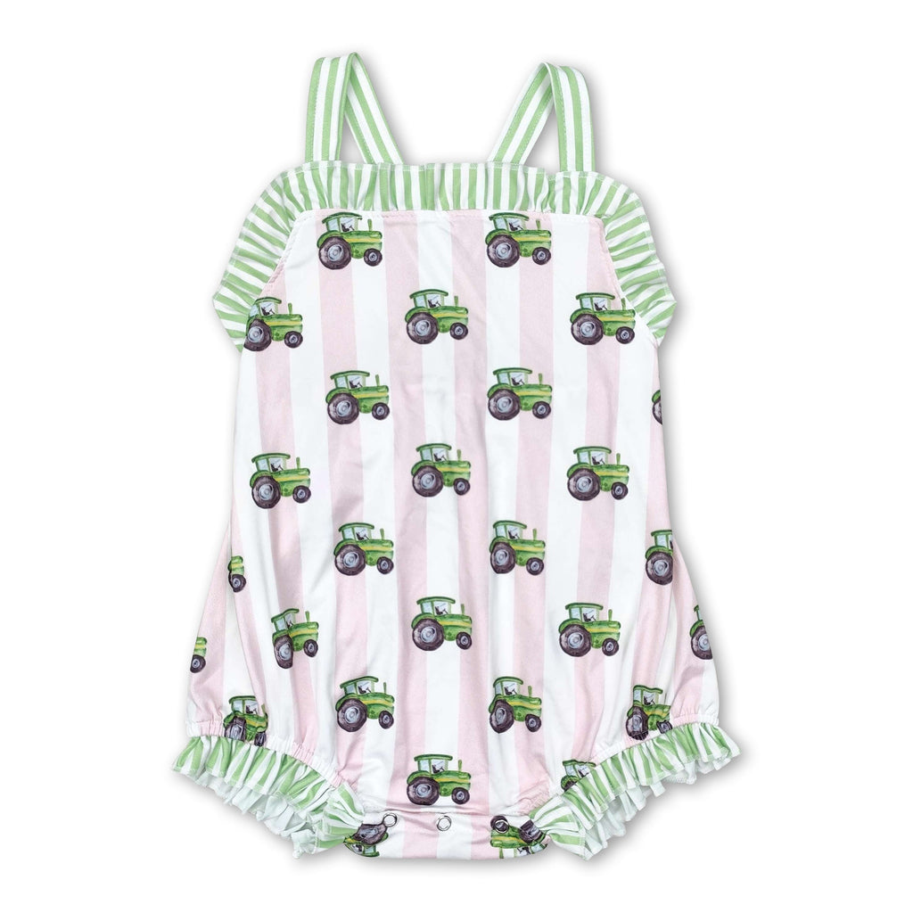 Pink Stripe Tractor Baby Girls Farm Romper