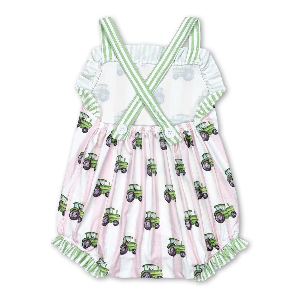 Pink Stripe Tractor Baby Girls Farm Romper
