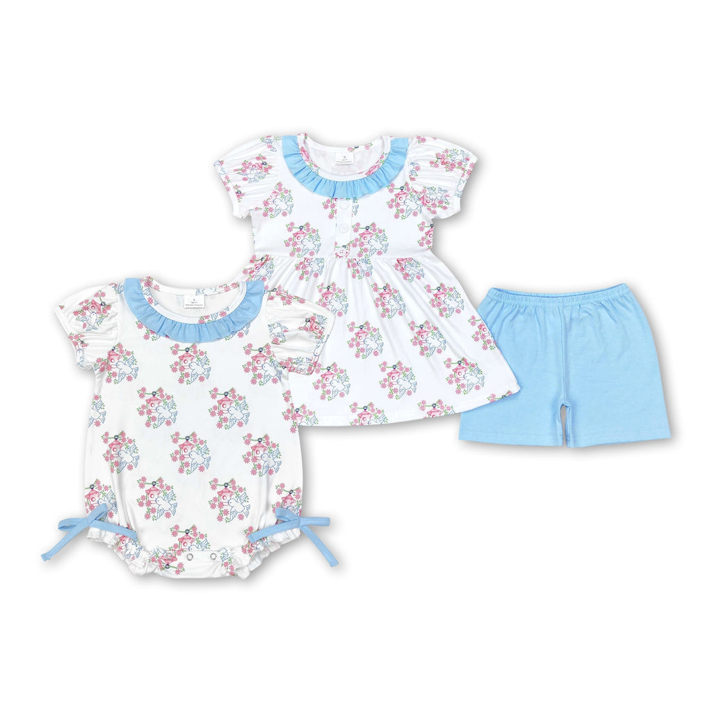 Short Sleeves Bird Floral Baby Girls Romper