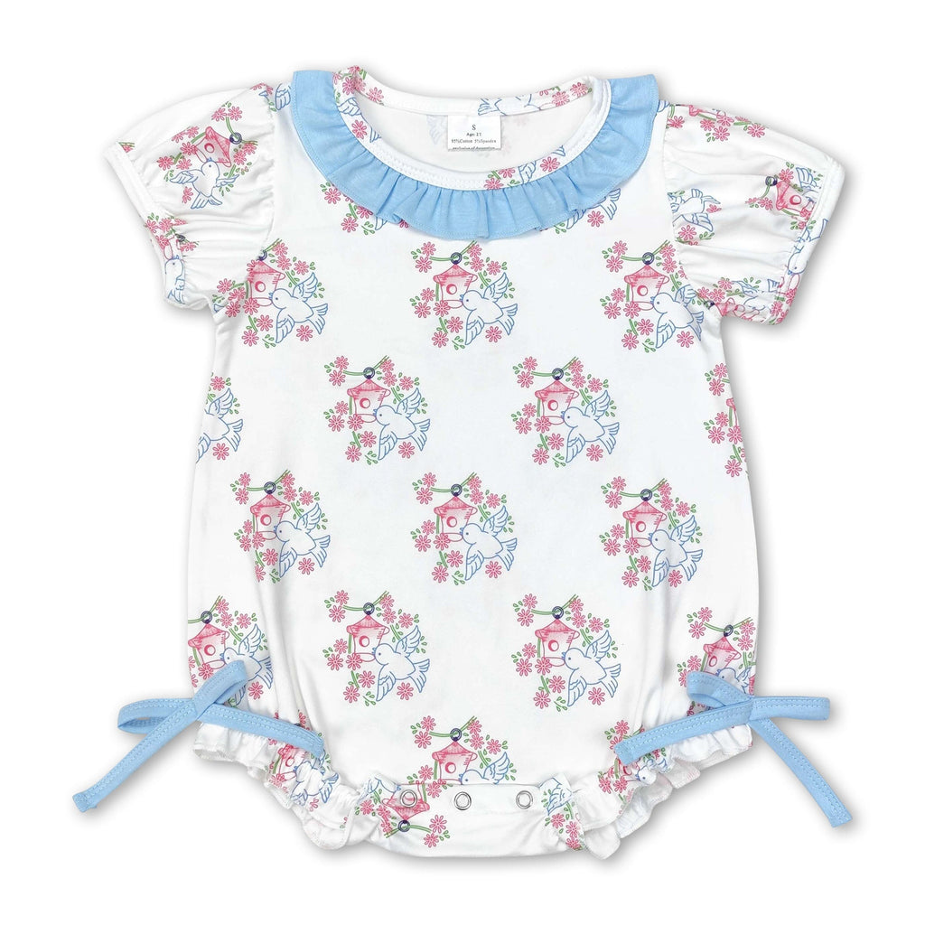 Short Sleeves Bird Floral Baby Girls Romper