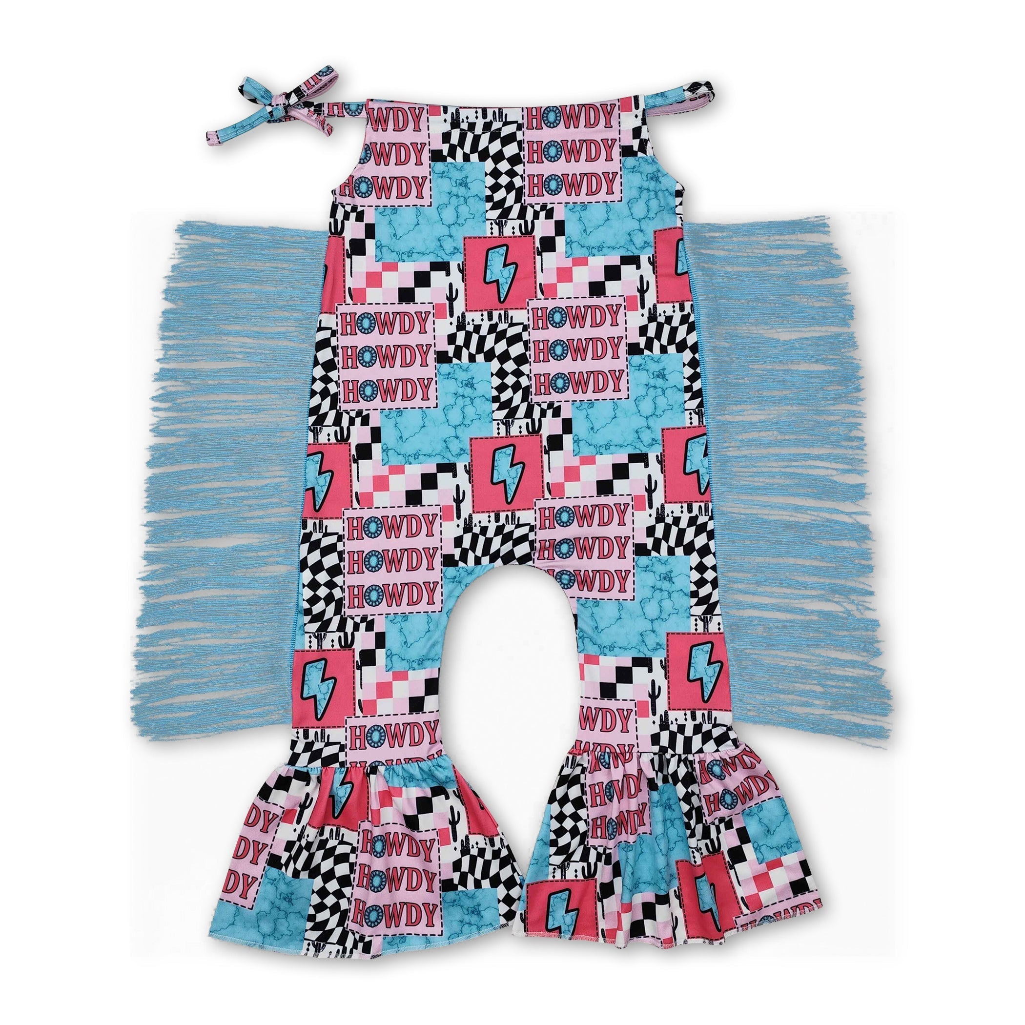 Howdy Turquoise Thunder Patchwork Tassels Girls Romper