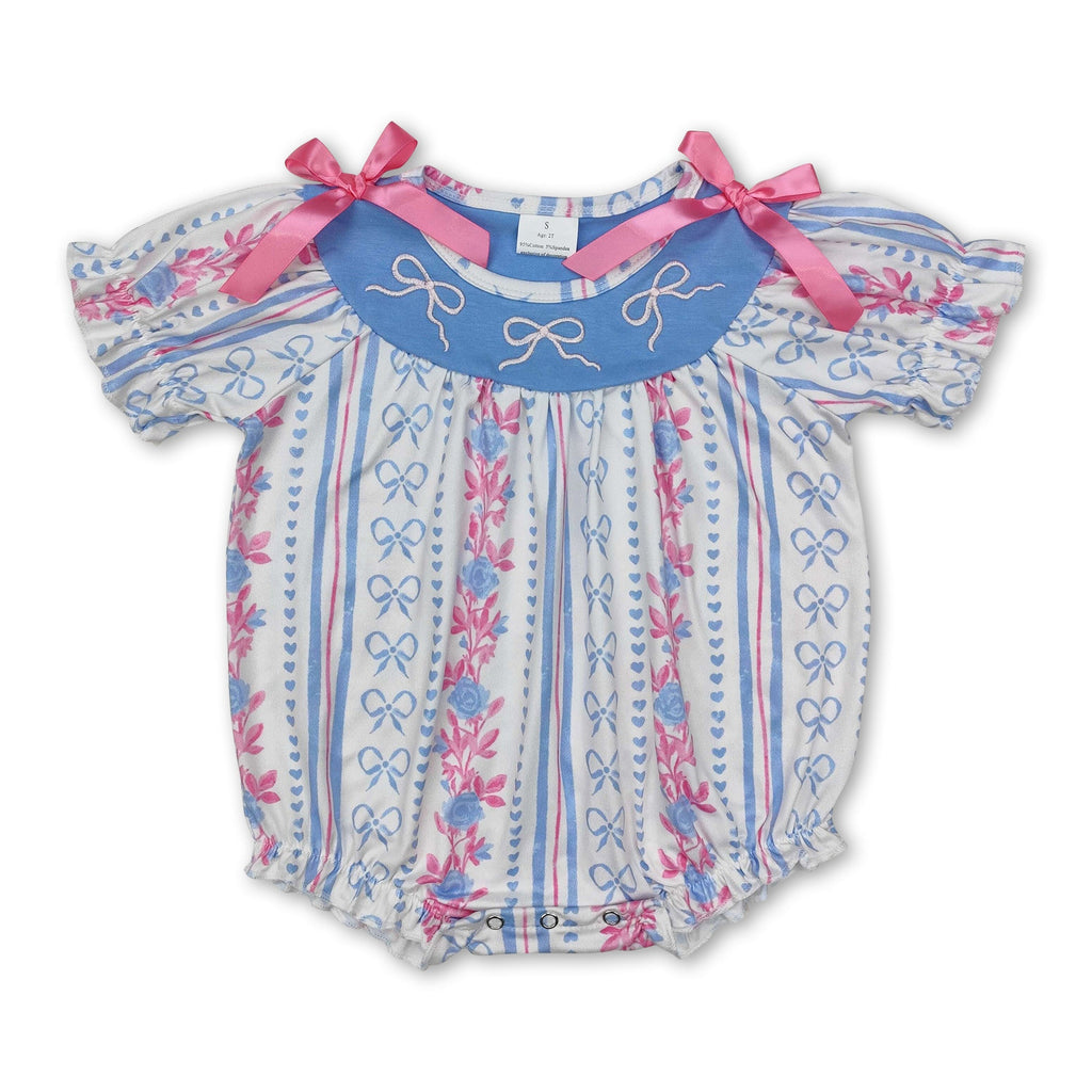 Short Sleeves Stripe Light Blue Bow Floral Baby Girls Romper
