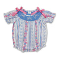 Short Sleeves Stripe Light Blue Bow Floral Baby Girls Romper