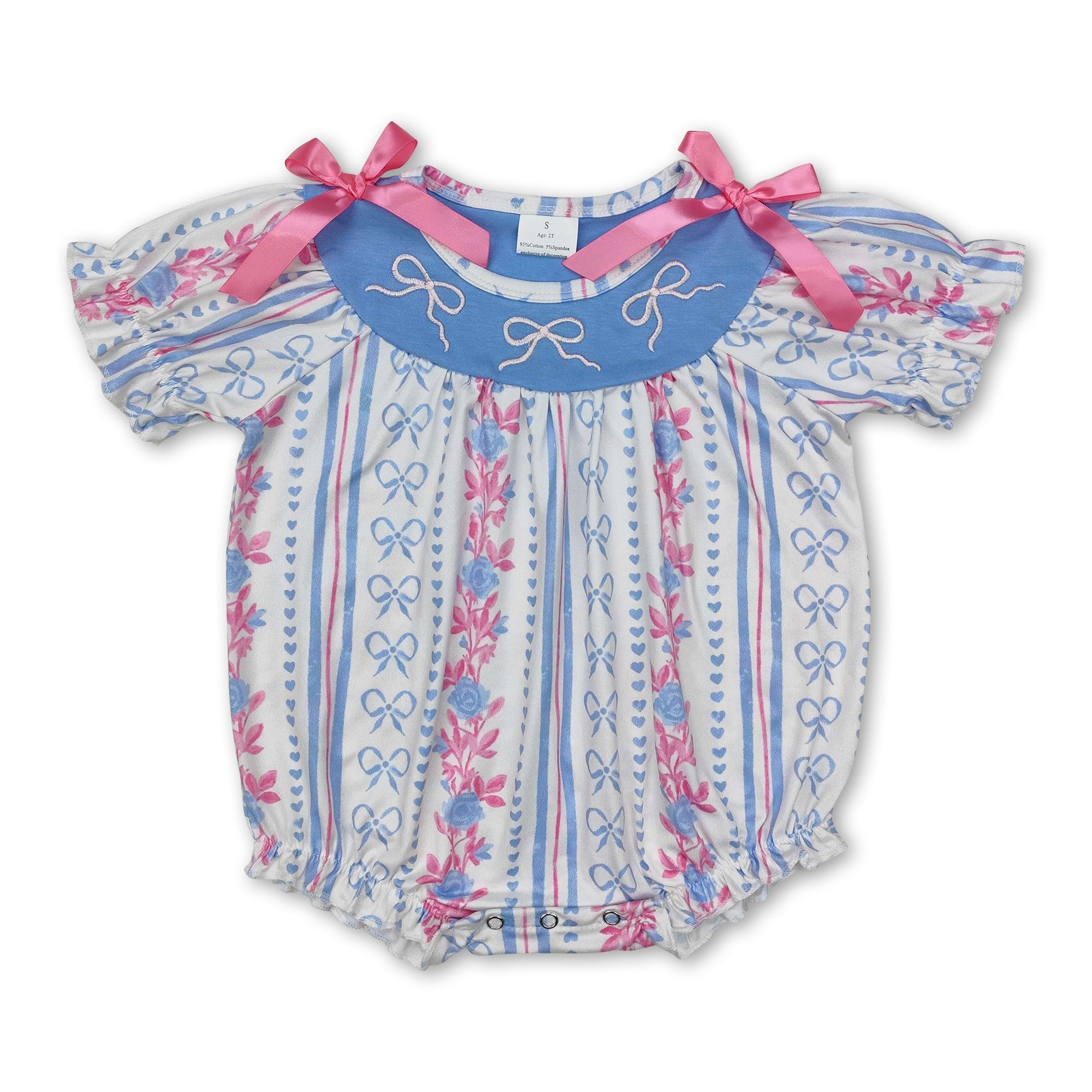 Short Sleeves Stripe Light Blue Bow Floral Baby Girls Romper