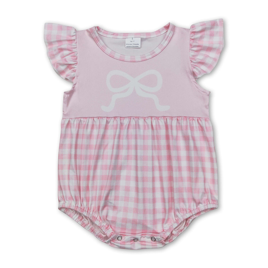 Pink Flutter Sleeves Plaid Bow Baby GirlsRomper