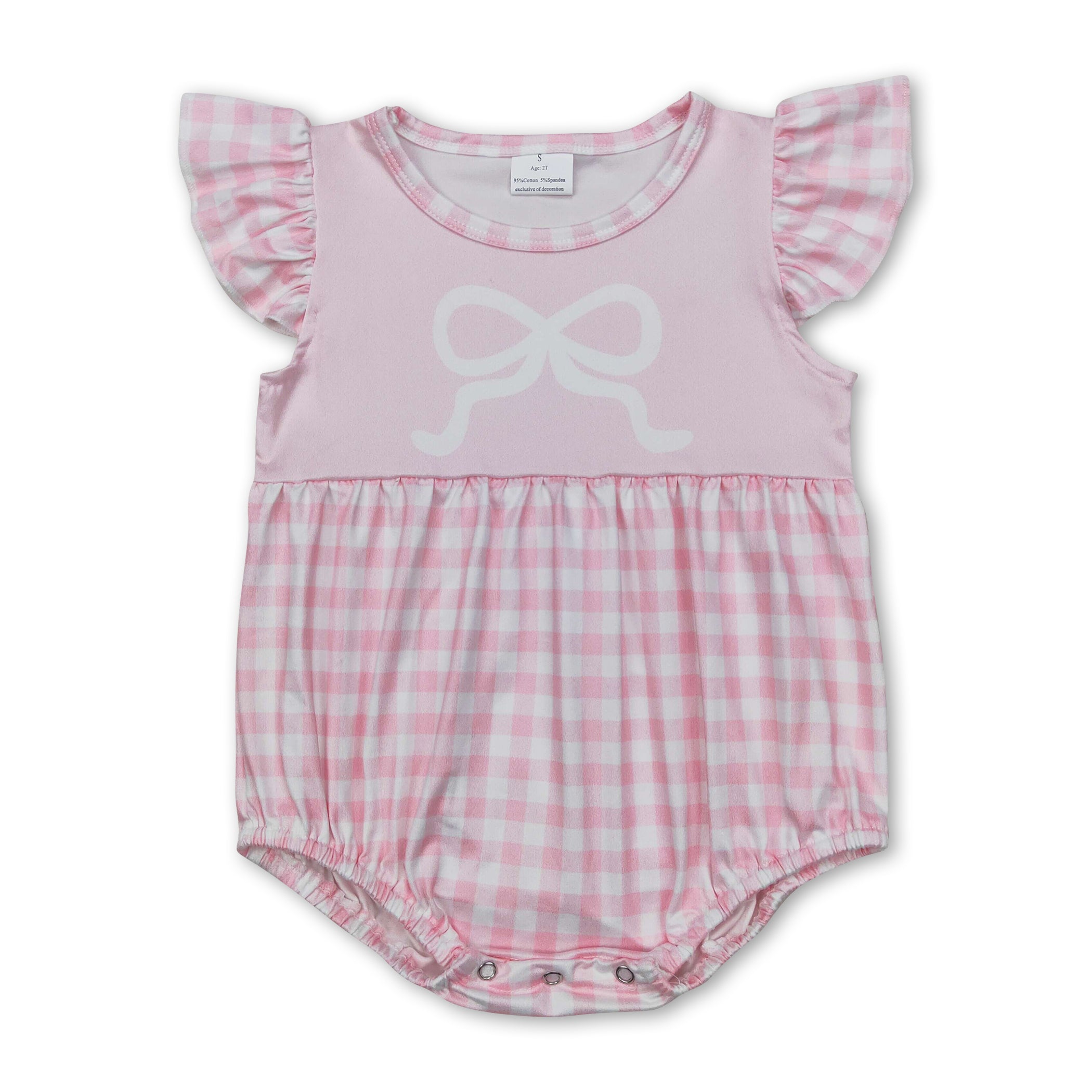 Pink Flutter Sleeves Plaid Bow Baby GirlsRomper