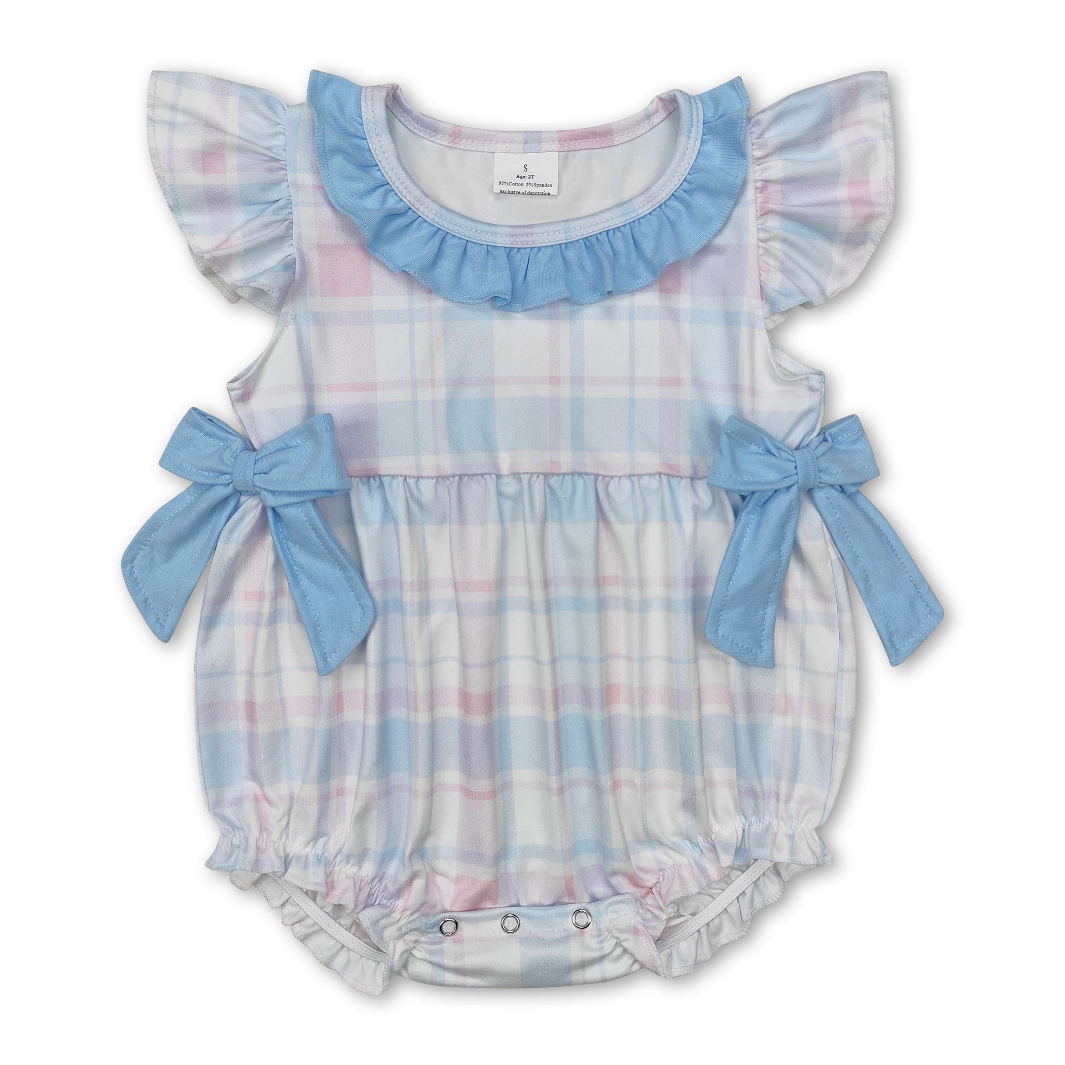 Pink Light Blue Plaid Flutter Sleeves Baby Girls Romper