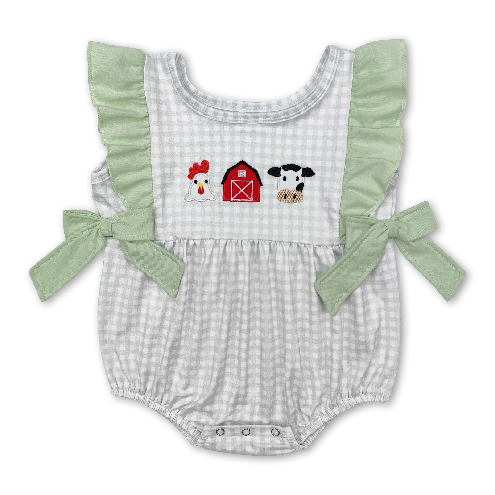 Plaid Chicken Cow Farm Baby Girls Romper