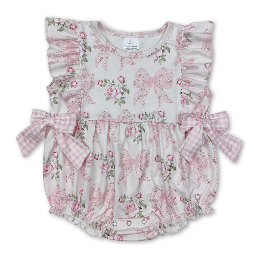 Flutter Sleeves Floral Plaid Bow Baby Girls Romper