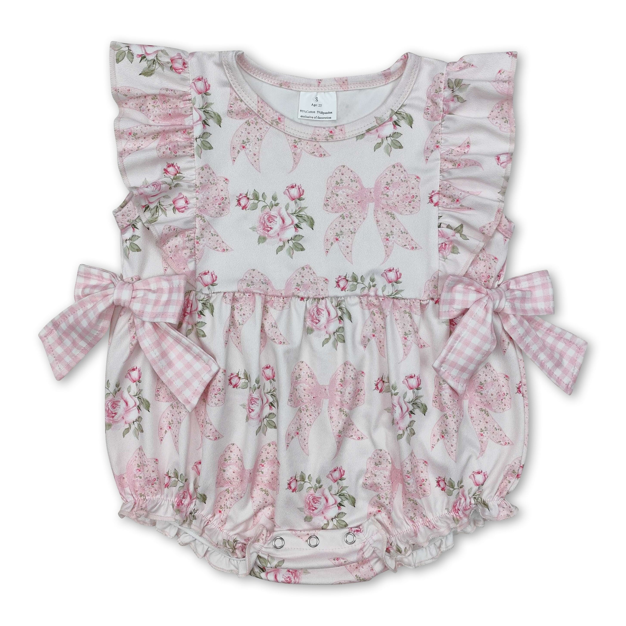 Flutter Sleeves Floral Plaid Bow Baby Girls Romper