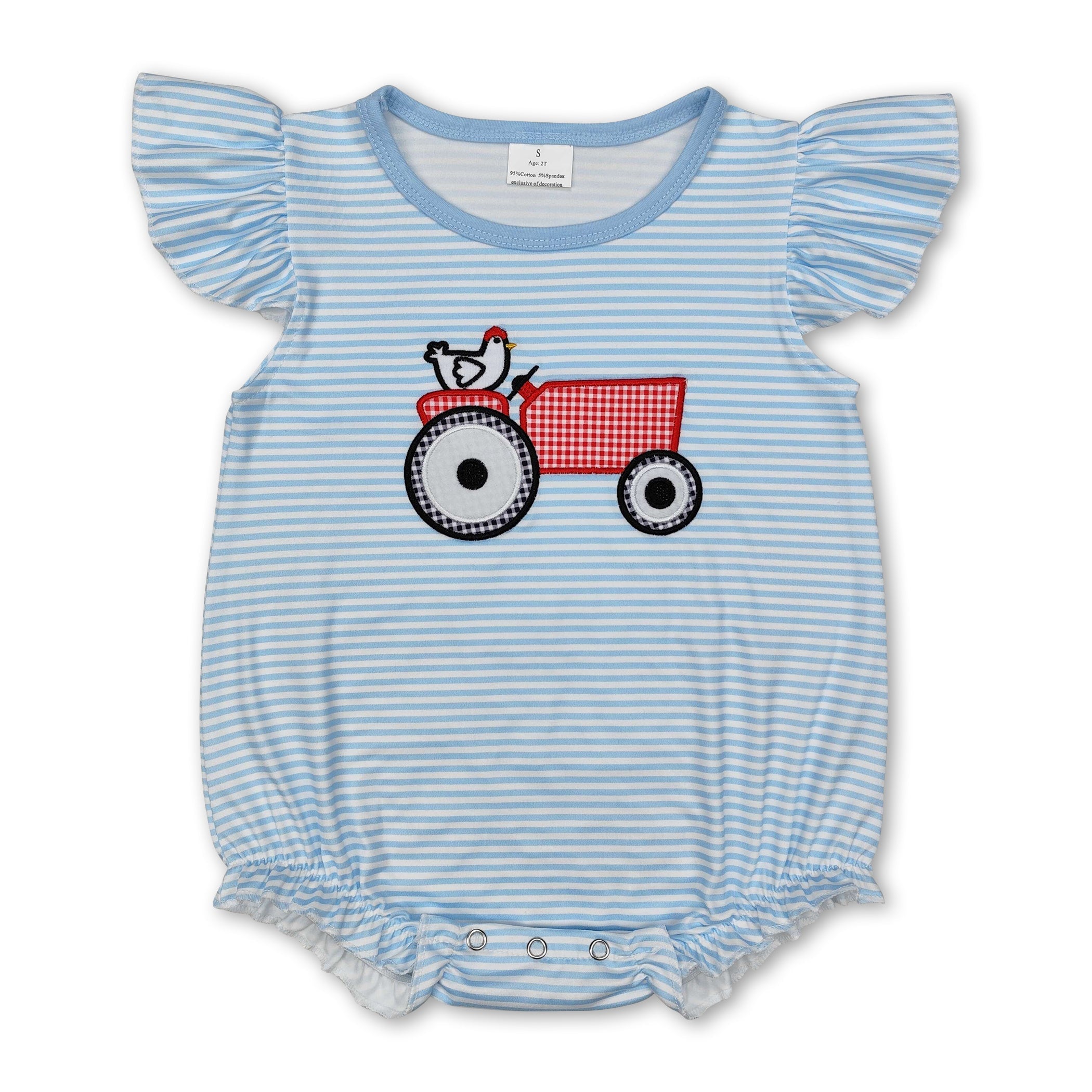 Flutter Sleeves Stripe Chicken Tractor Baby Girl Farm Romper