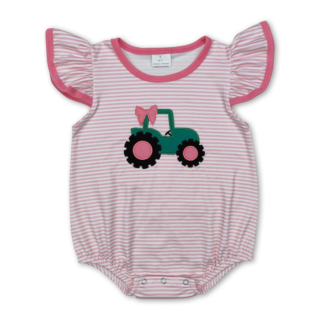 Flutter Sleeves Pink Stripe Tractor Baby Girl Romper