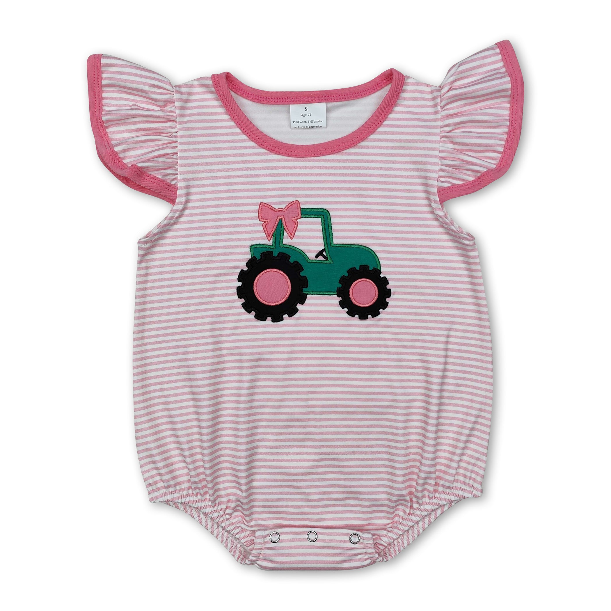 Flutter Sleeves Pink Stripe Tractor Baby Girl Romper