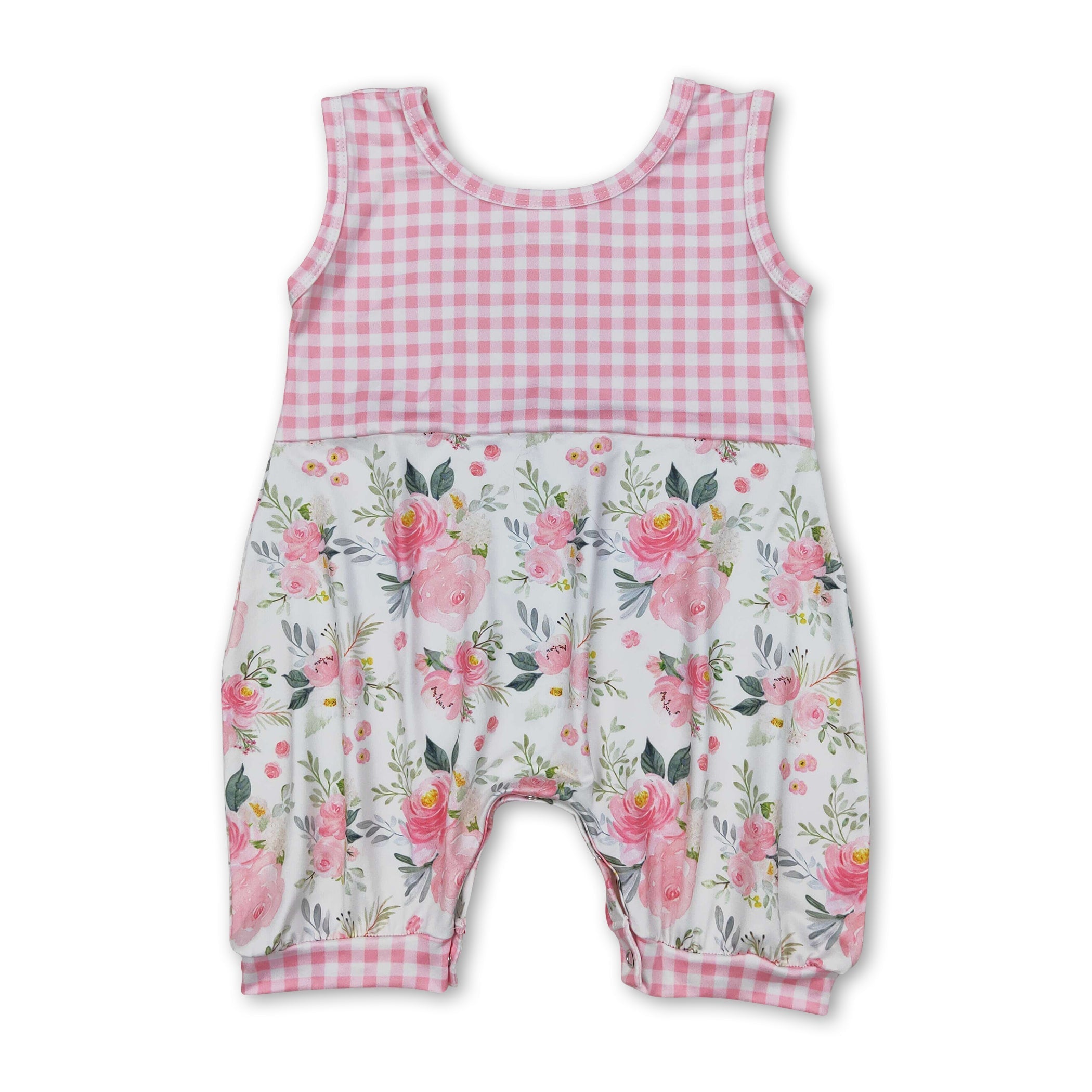 Sleeveless Pink Plaid Floral Baby Girls Summer Romper