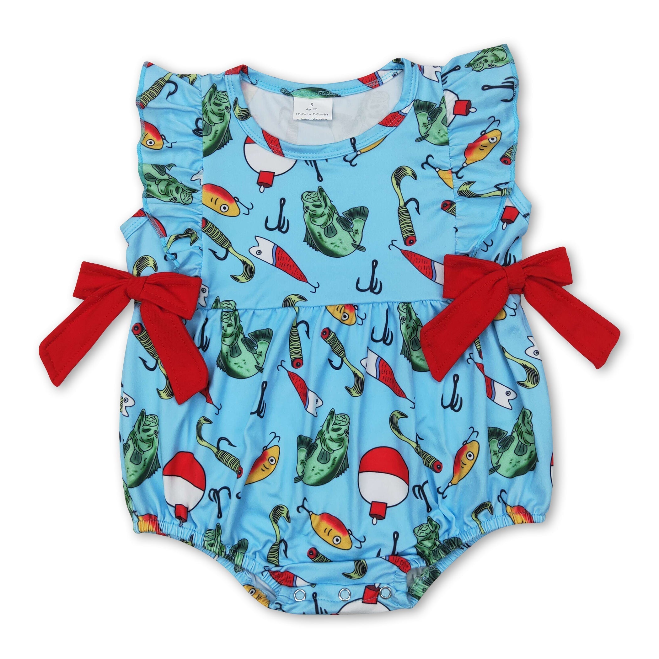 Ruffle Red Bow Fishing Baby Girl Zipper Romper