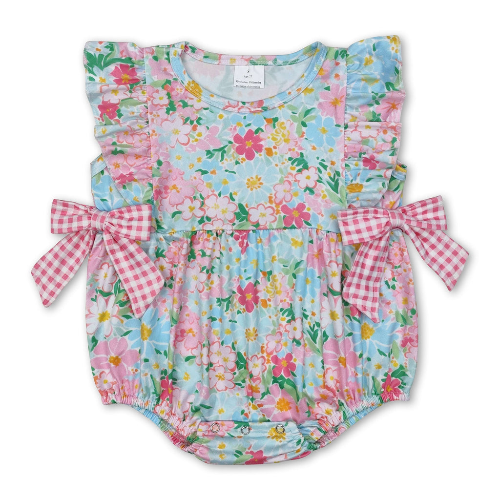 Ruffle Floral Pink Plaid Bow Baby Girls Summer Romper