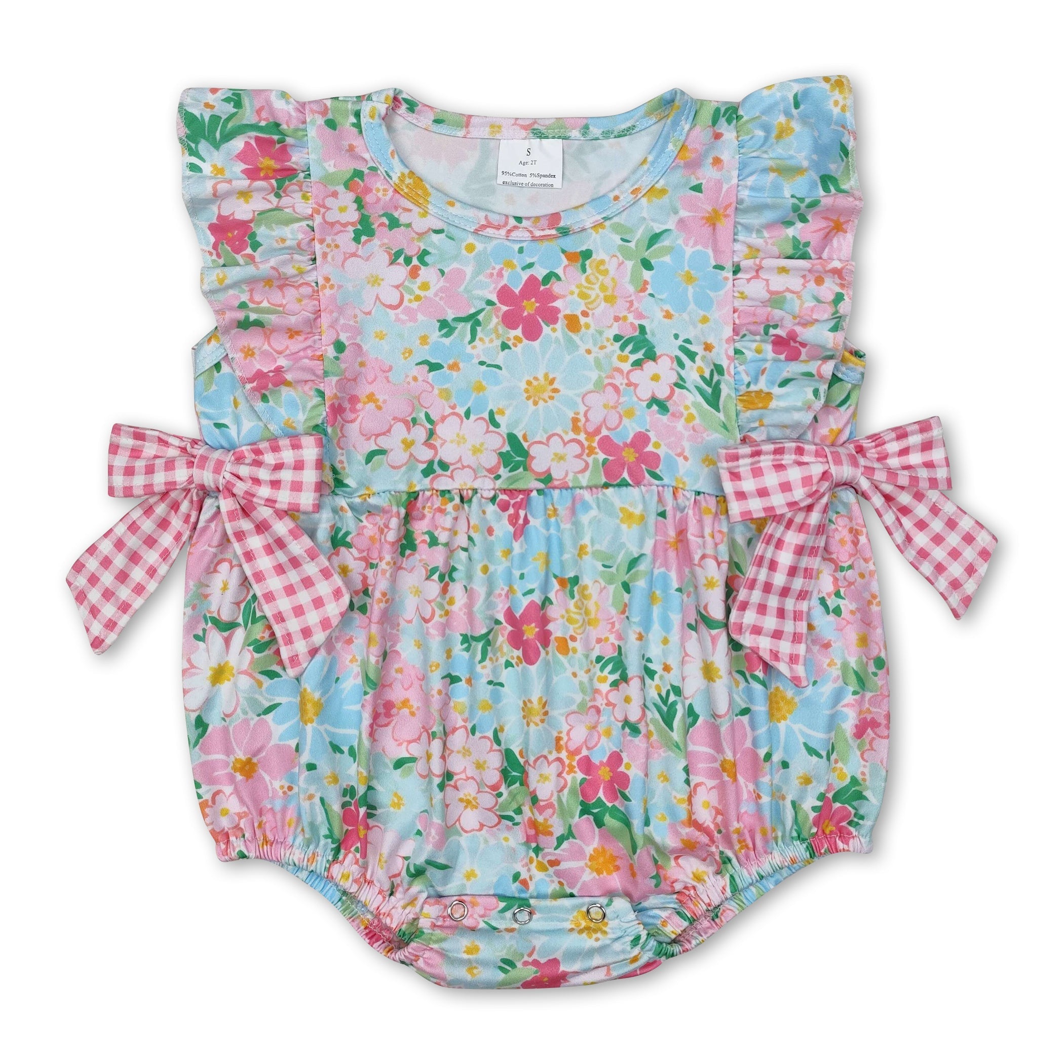Ruffle Floral Pink Plaid Bow Baby Girls Summer Romper
