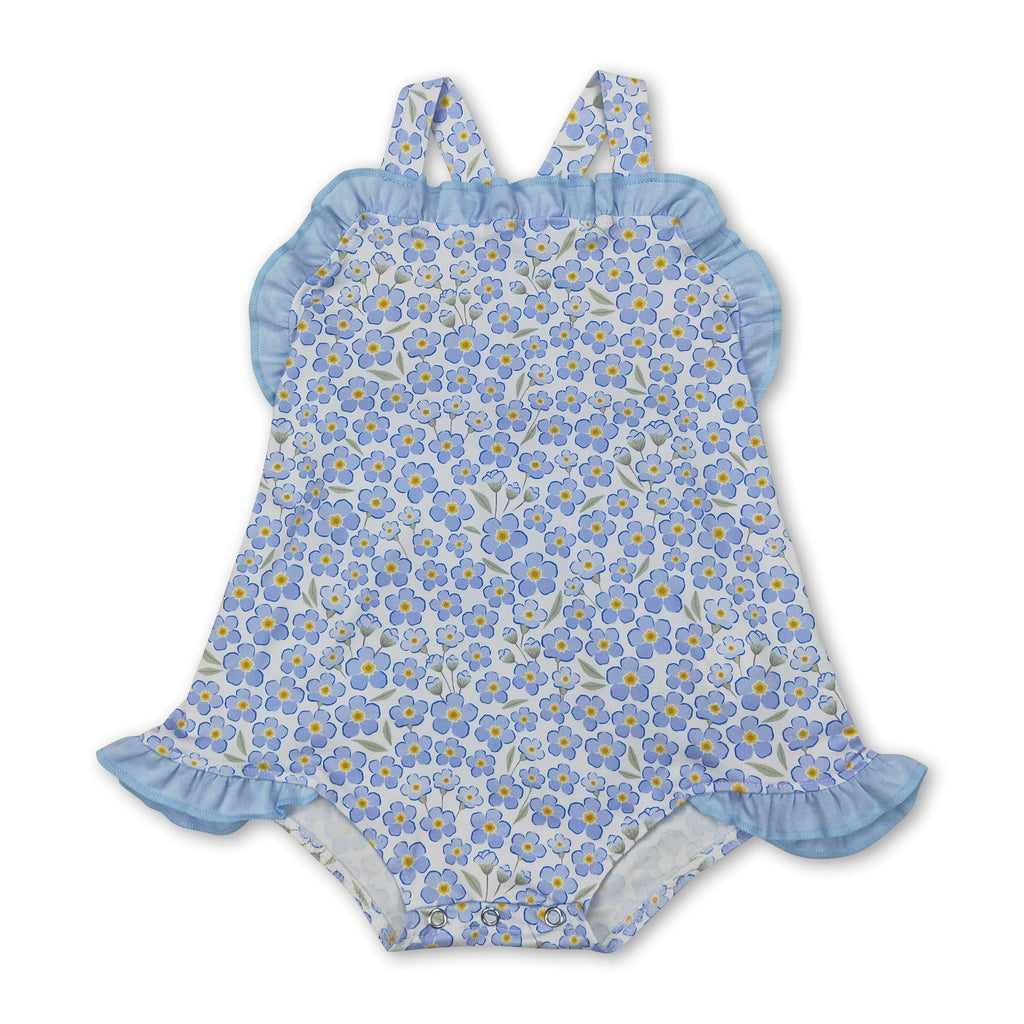 Straps Blue Ruffle Floral Baby Girls Summer Romper
