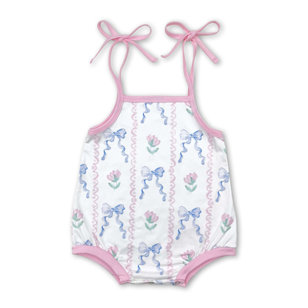 Pink Straps Floral Light Blue Bow Baby Girls Romper